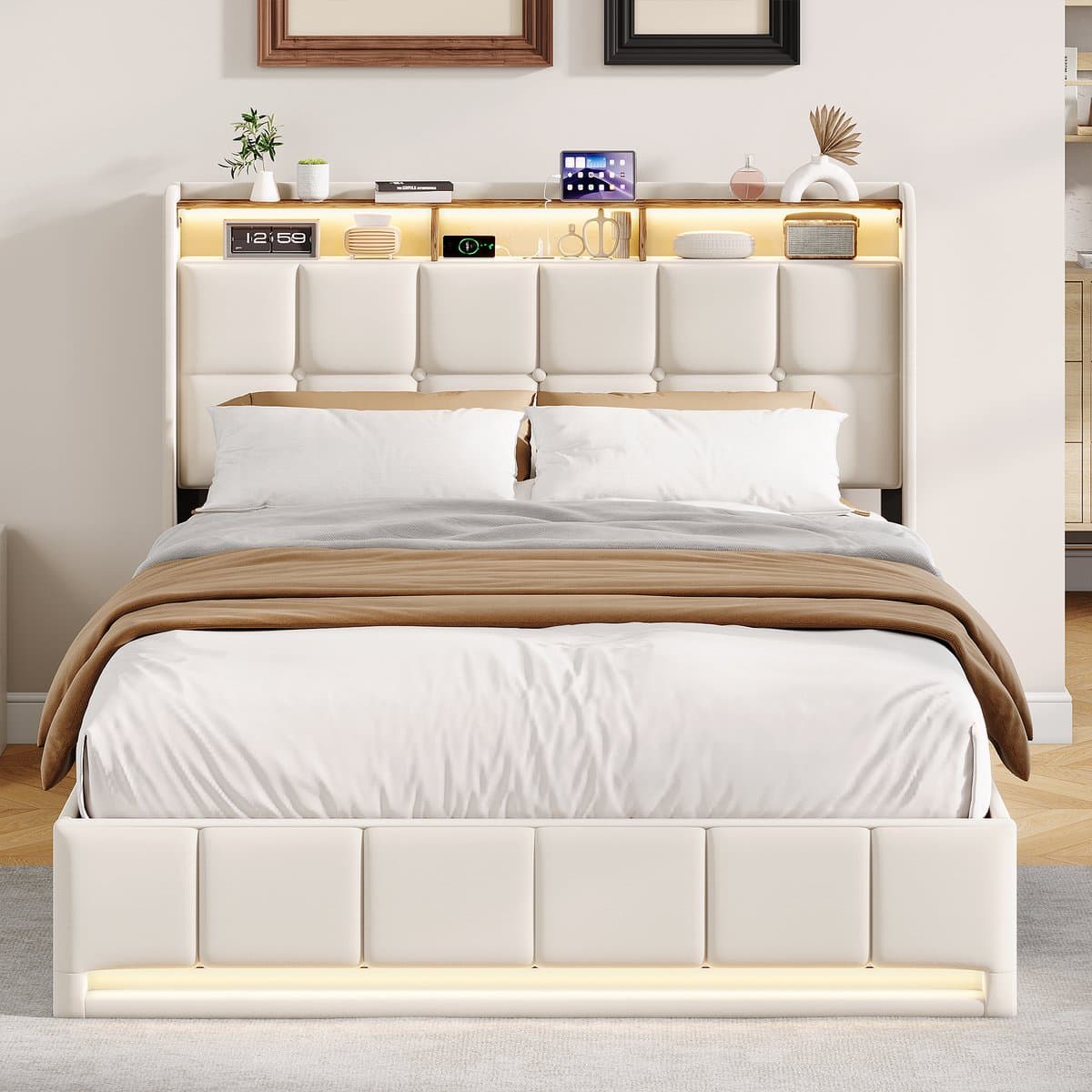 Opbergbed 160x200 cm Beige – Gestoffeerd Tweepersoonsbed met Gasveer, LED Hoofd- en Voetbord, USB/Type-C Oplaadpoort – Linnen Bedframe thumbnail 7