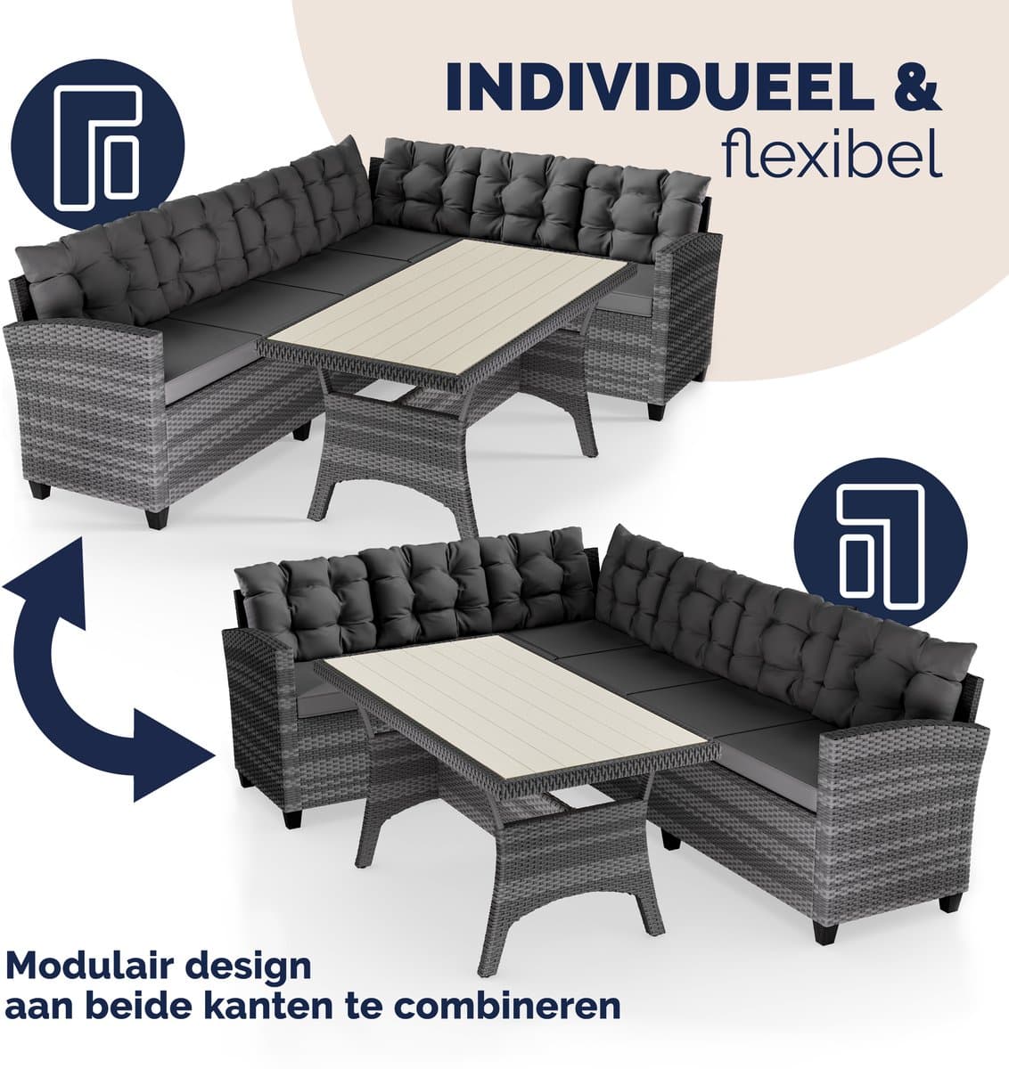 Casaria Loungeset - 6 Personen Eettafel Polyrattan – Grijs thumbnail 8