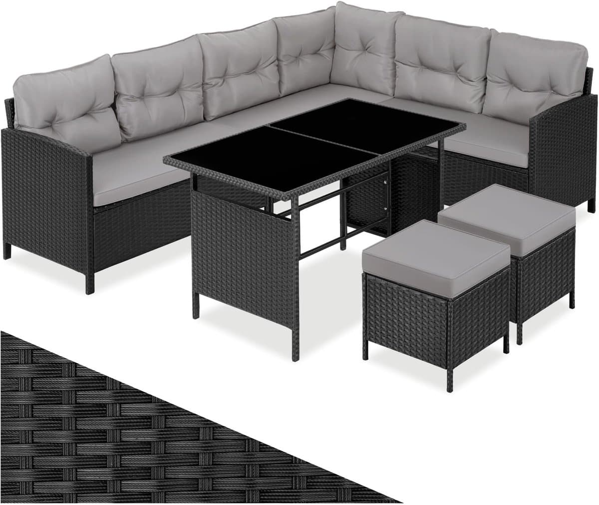 tectake® Loungeset Barletta - 6 tot 8 Personen - Modulaire Tuinset met Loungebank, Kruk en Tuintafel - Tuinmeubels - Balkonmeubel - 5-delige Zitgroep - Inclusief Kussens - Ideaal voor Tuin, Terras en Balkon - Zwart met Grijze Kussens