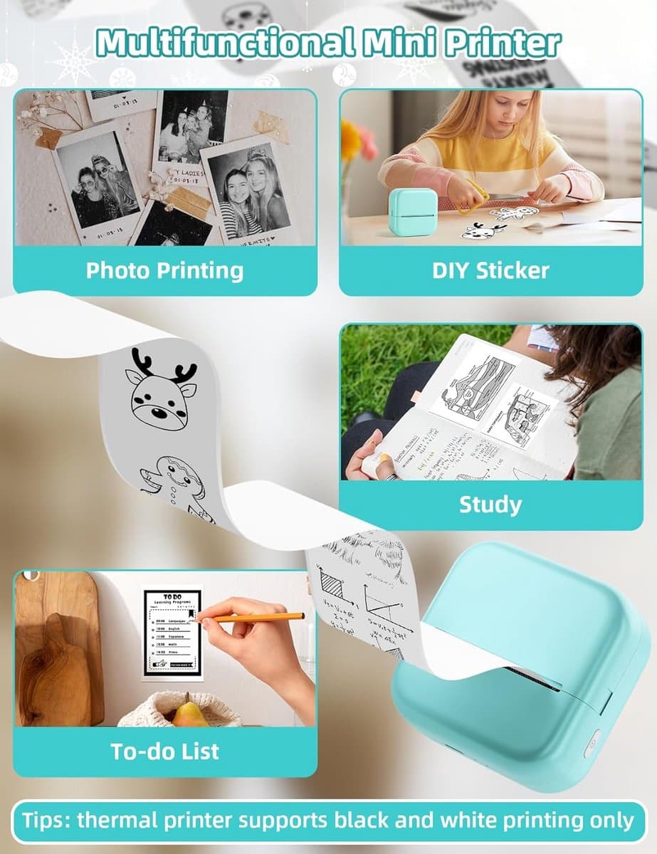Draagbare Thermische Mini Printer - Bluetooth Stickerprinter voor Telefoon, Stickermaker voor Foto's, Notities en DIY (Groen) thumbnail 7