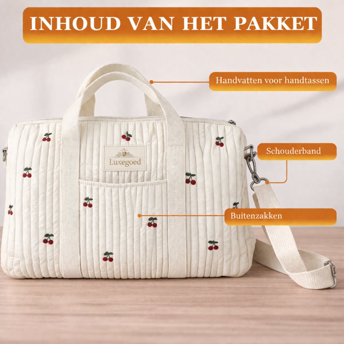 Luxegoed® Luiertas Rugzak, Verzorgingstas voor aan de kinderwagen en Buggy – Schoudertas – Kersen - XL thumbnail 2