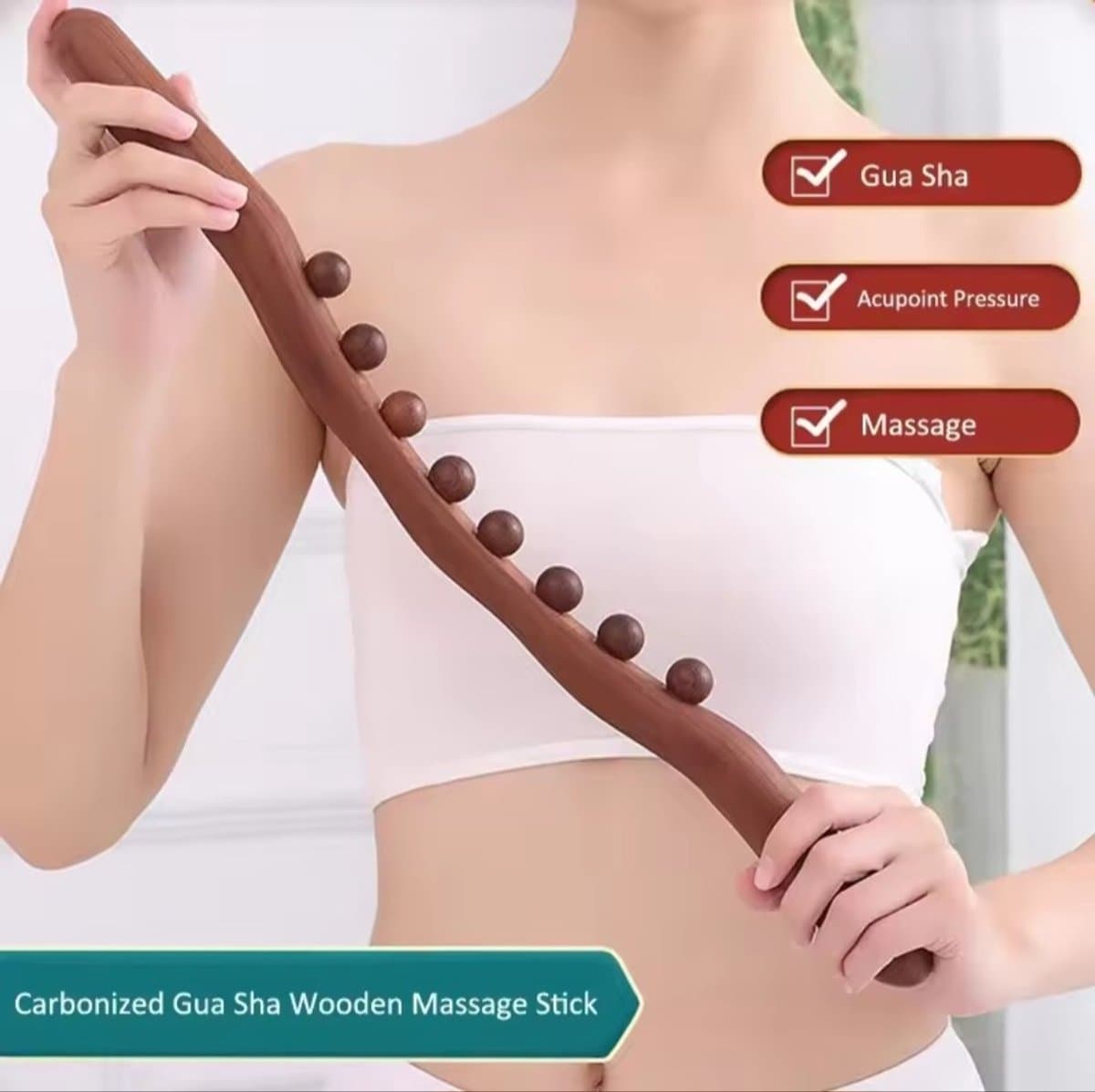 Massage - Massage Apparaat - Voor Rug, Nek, Schouder, Buik, Taille, Armen, Benen, etc. - Massage Stok Hout - Gua Sha Massage Tool - Houten Massage Stok - 8 Massage Ballen - 1 Stuk - Bruin Hout thumbnail 8