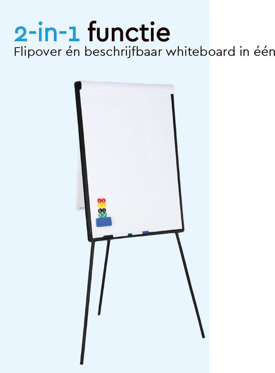 BRASQ Flipover - 70x100 cm - Verstelbaar Whiteboard - Inclusief 25 vellen papier, 4 Stiften, 8 Magneten, Wisser - Magnetisch bord met Haken - Magneetbord - Zwart thumbnail 3