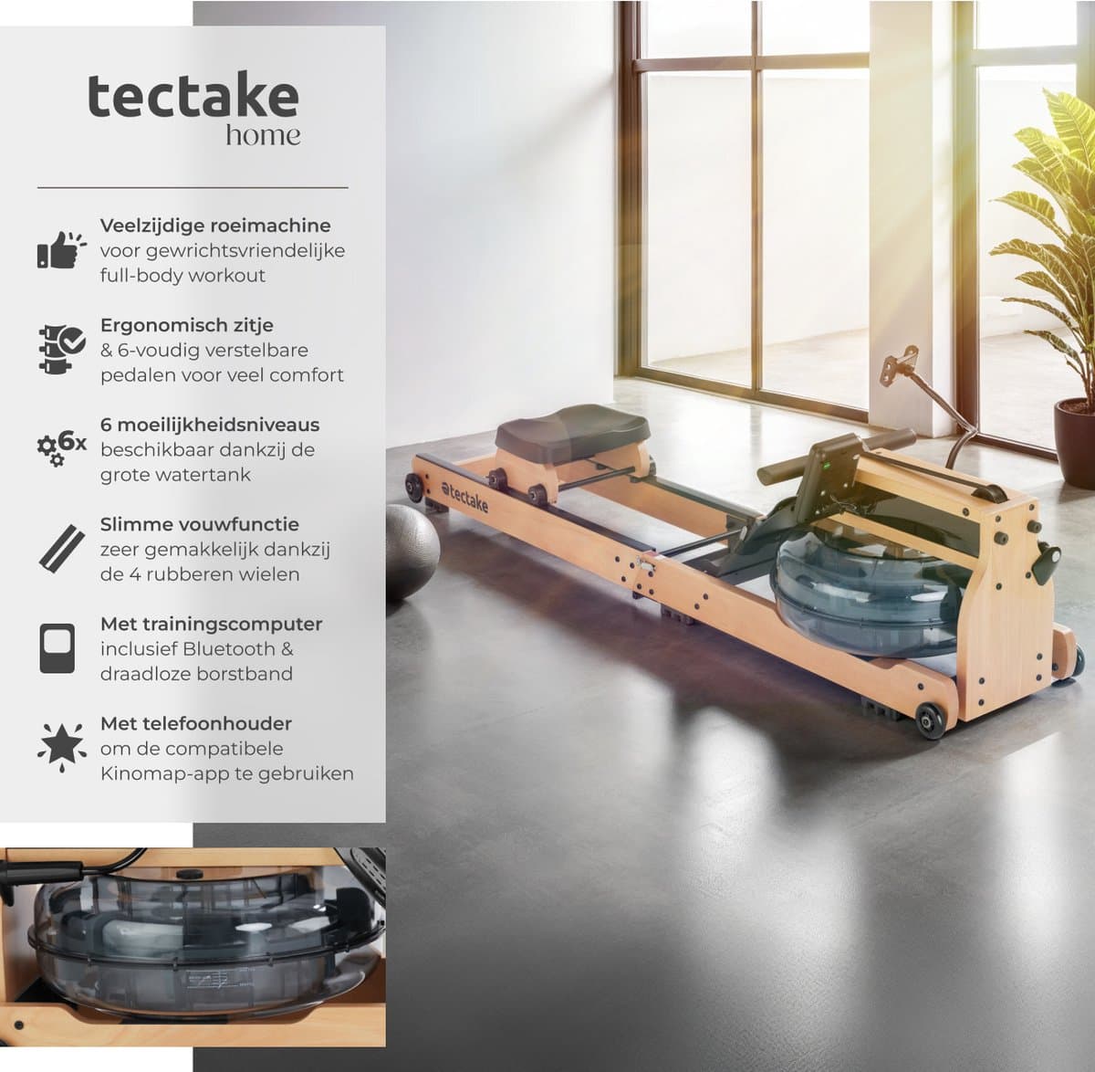 tectake® Houten Roeimachine - Opvouwbare Roeitrainer met 6 Weerstand Standen - Home Gym - Workout Roeiapparaat - Met Trainingscomputer en Borstband - Bluetooth en Kinomap-app compatibel - Draagkracht tot 150kg thumbnail 2