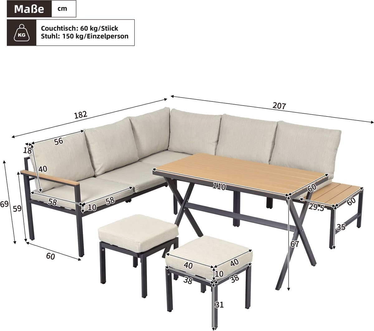 Tuin eettafel en stoelen set - Tuin lounge stoel set, 4 delige set - Tuinmeubelset - hoekbank - grijs thumbnail 4