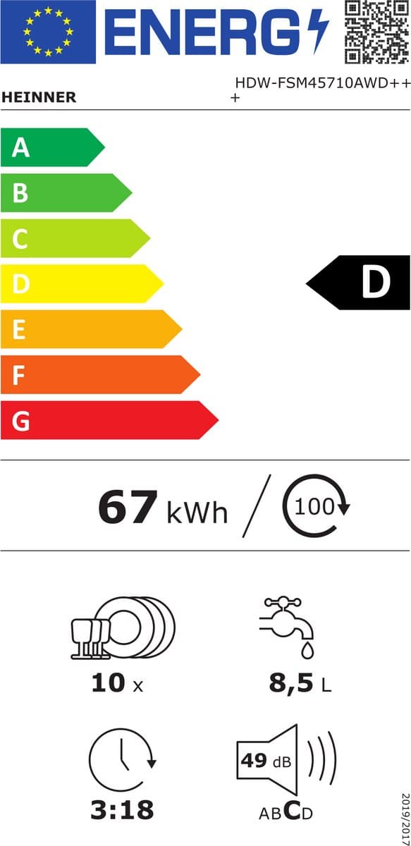 Heinner Slanke Vaatwasser 45 cm — 10 Couverts, Auto-Deur Opening, LED Display, Stil 49 dB, 5 Jaar Garantie, Wit — HDW-FSM45710AWD+++ thumbnail 2