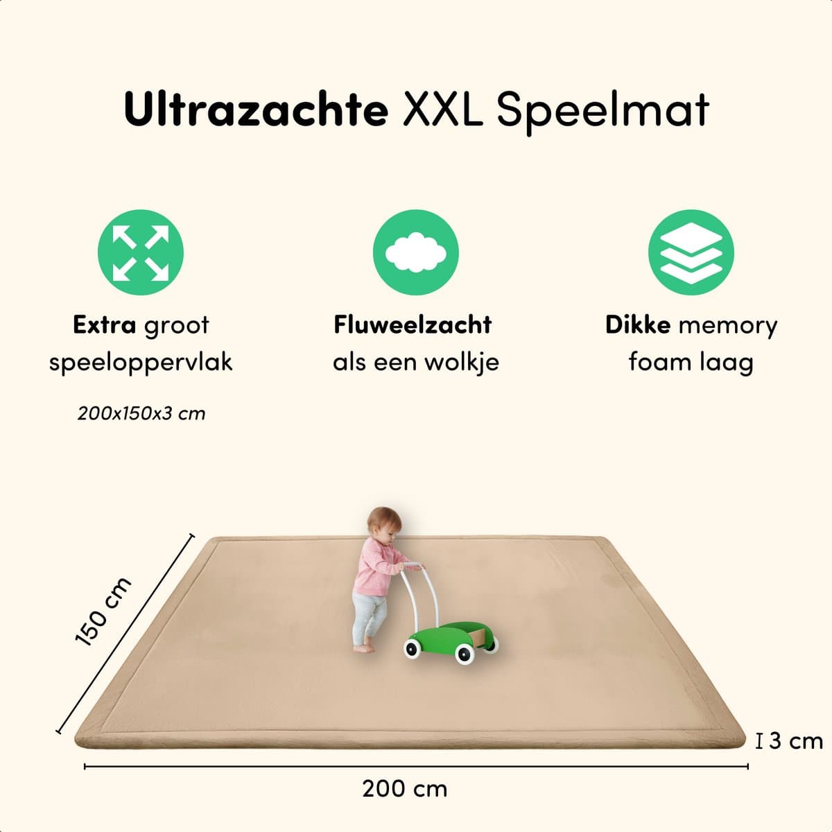 Speelmat Baby XXL - Speelkleed met Traagschuim - Fluweelzacht Speeltapijt - 200x150x3 cm - Beige thumbnail 2