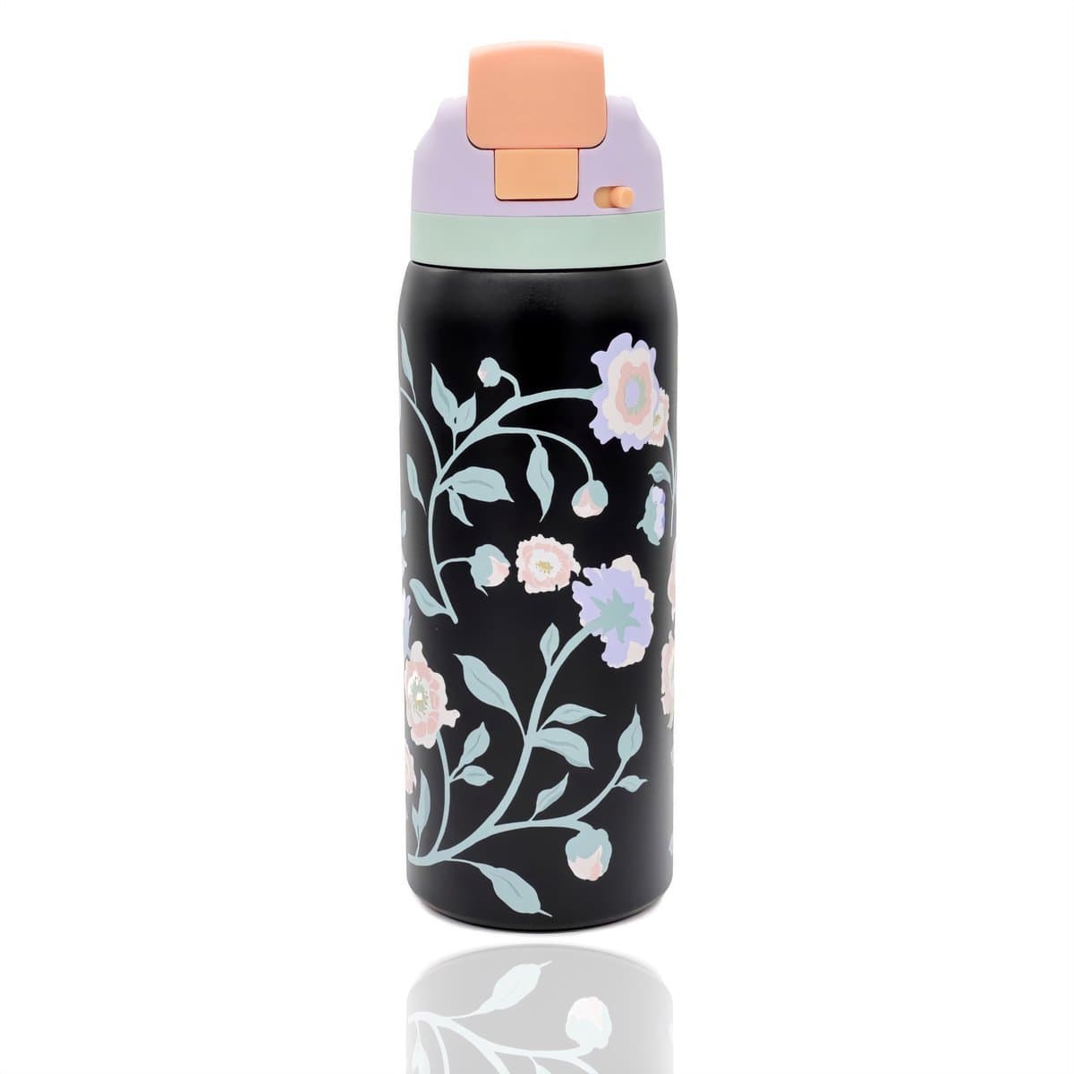 LYKKE® Freesip Thermos Beker 3 Laagse geïsoleerde RVS waterfles met rietje voor sport, reizen en school BPA-vrije Lek-vrije sportwaterfles, 34 oz, 1L, CLICK and LOCK Systeem Zwart/LILAC Paars-
