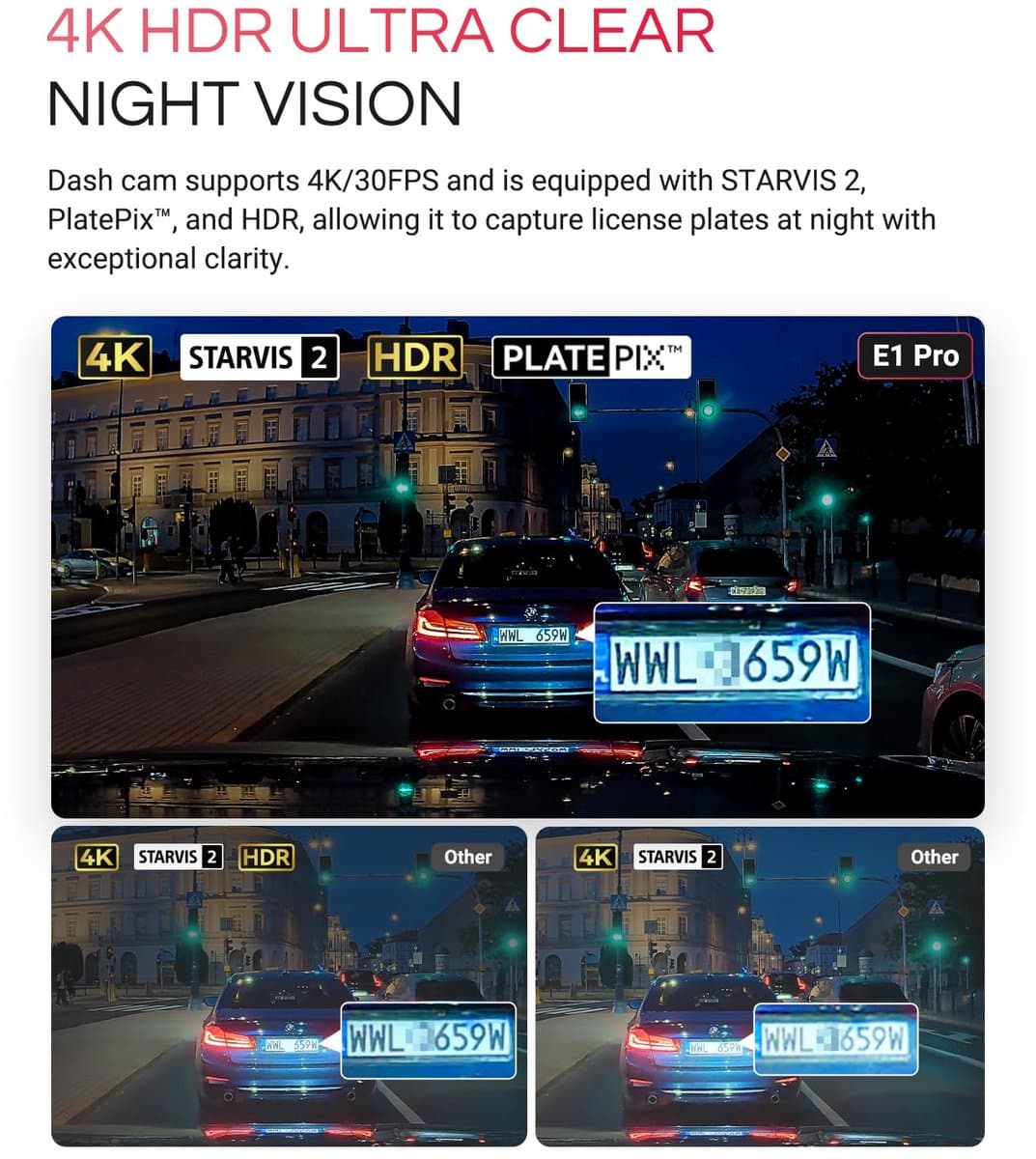 Vantrue E1 Pro 4K Mini Dashcam Voorzijde, STARVIS 2 PlatePix™ HDR Nachtzicht Autoradio, Ingebouwde 5G WiFi GPS, 1,54" IPS-scherm, LTE-ondersteuning, Spraakbediening, 24/7 Buffered Parkeermodus, Ondersteunt tot 1TB Max thumbnail 4