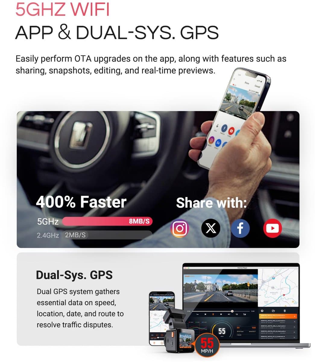 Vantrue E1 Pro 4K Mini Dashcam Voorzijde, STARVIS 2 PlatePix™ HDR Nachtzicht Autoradio, Ingebouwde 5G WiFi GPS, 1,54" IPS-scherm, LTE-ondersteuning, Spraakbediening, 24/7 Buffered Parkeermodus, Ondersteunt tot 1TB Max thumbnail 2
