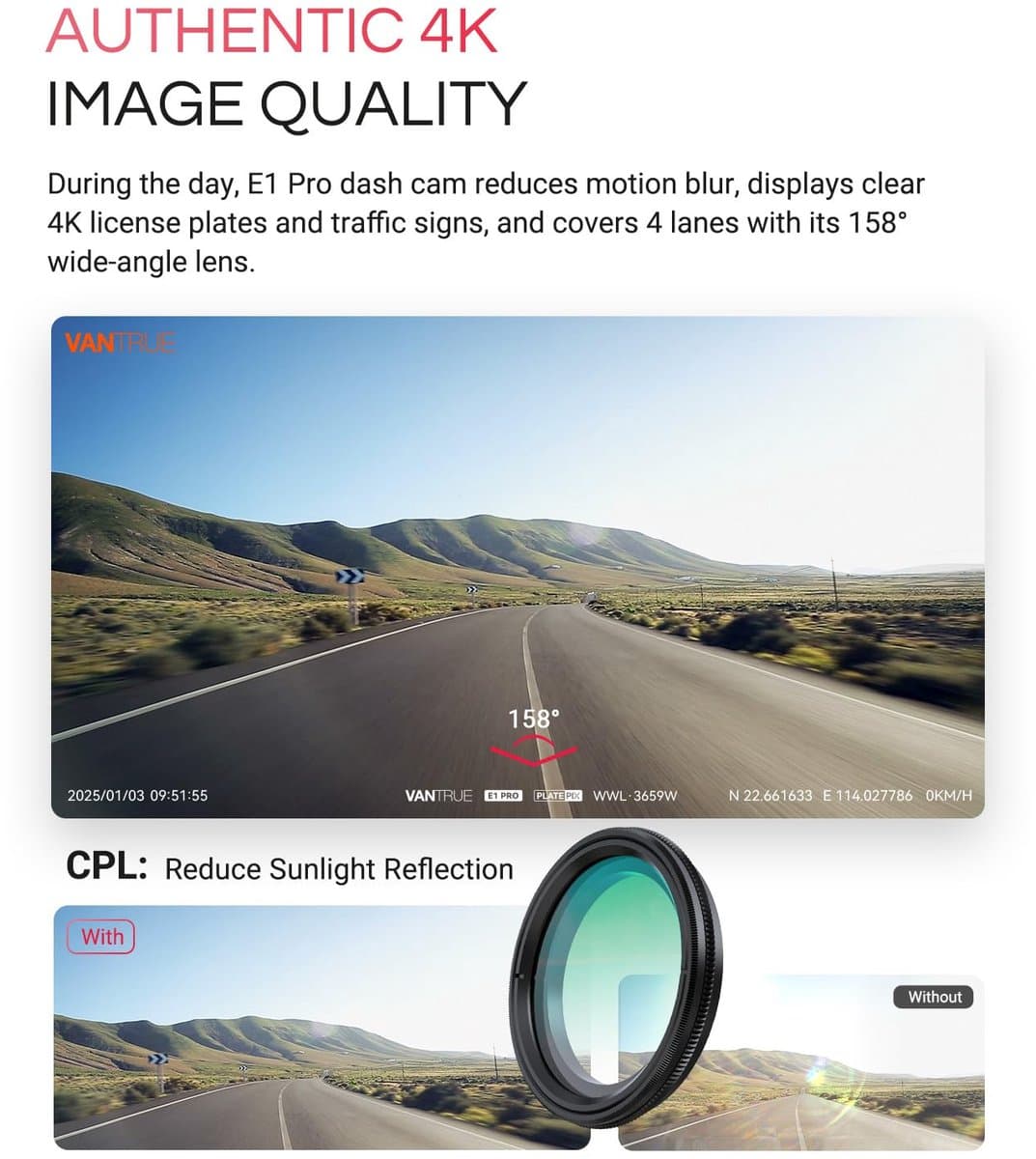 Vantrue E1 Pro 4K Mini Dashcam Voorzijde, STARVIS 2 PlatePix™ HDR Nachtzicht Autoradio, Ingebouwde 5G WiFi GPS, 1,54" IPS-scherm, LTE-ondersteuning, Spraakbediening, 24/7 Buffered Parkeermodus, Ondersteunt tot 1TB Max thumbnail 8