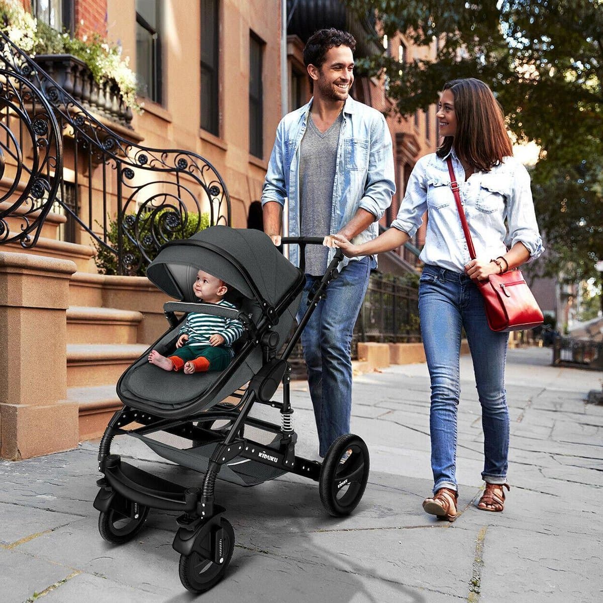KIDUKU- 3 in 1 combi-kinderwagen- antraciet/zwart buggy incl. autostoeltje-regenhoes- inklapbaar thumbnail 4