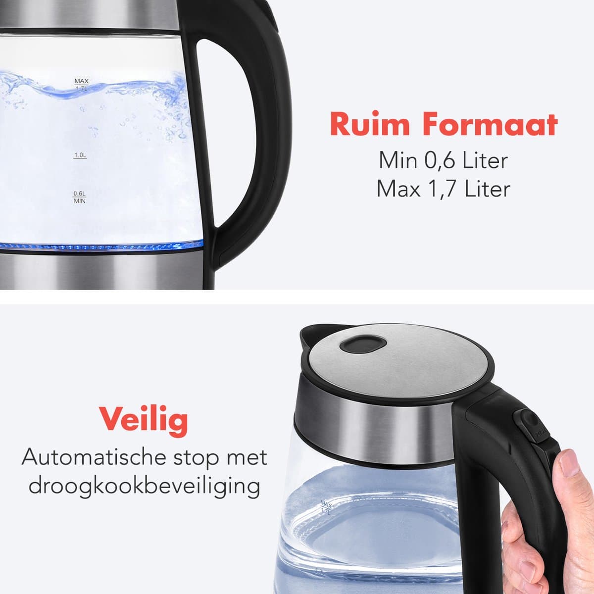 KitchenBrothers Glazen Waterkoker 1,7L – LED, 2200W, BPA-vrij thumbnail 8