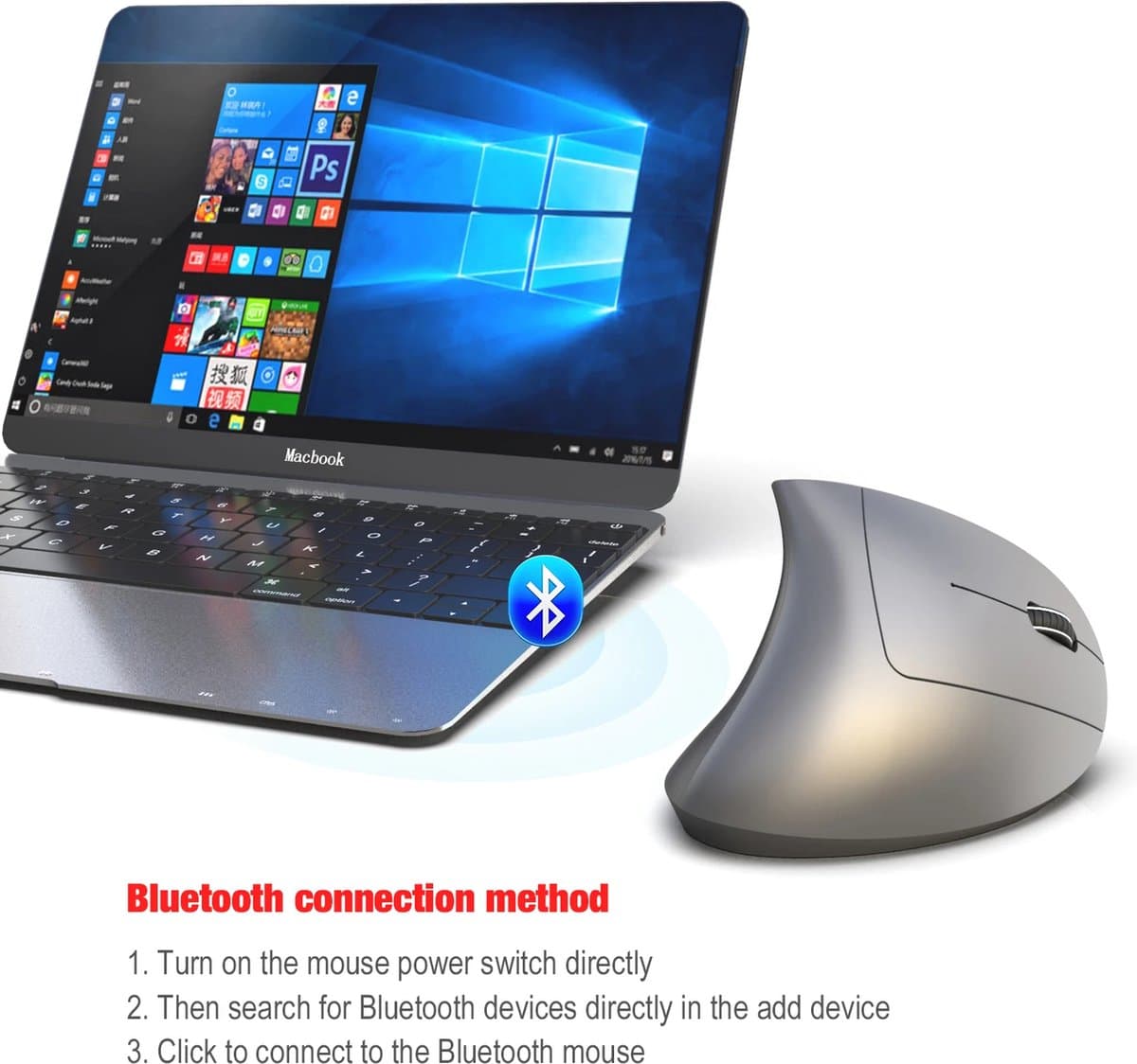 Elementkey ERGO5 Bluetooth 3.0 + 5.2 Draadloze Bluetooth Ergonomische Optische Verticale Muis - 6-toetsen- 2400 DPI Verstelbaar - Zwart thumbnail 3
