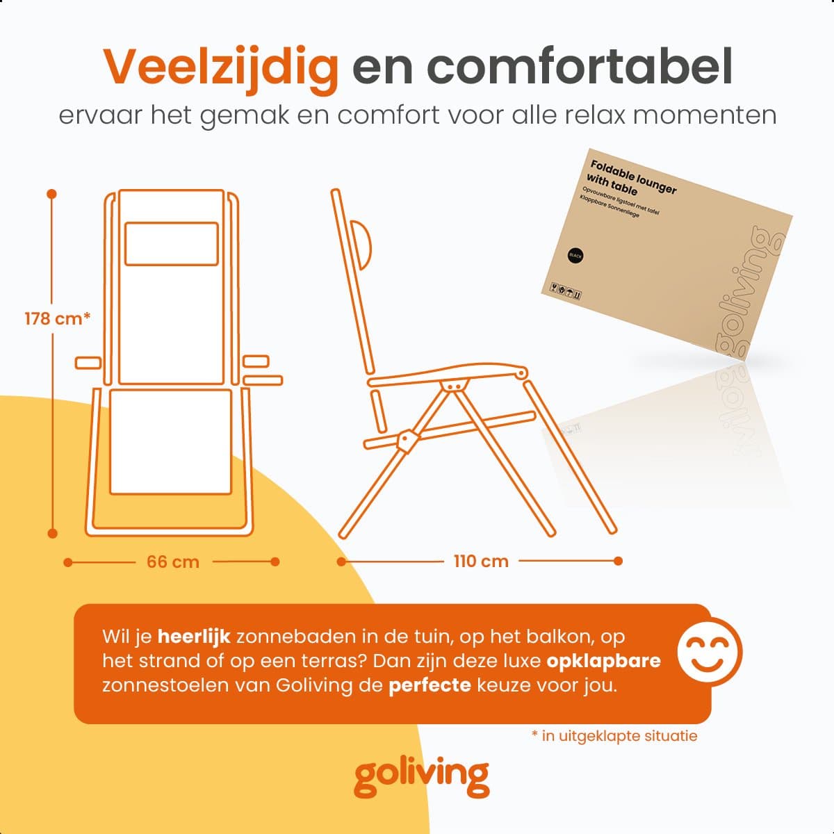 Goliving Opvouwbare Ligstoel - 3 Standen - 110 x 66 x 178 cm - Verstelbare Tuinstoel met Tafel - Inklapbare Campingstoel - Loungestoel Buiten - Vouwstoel Tuin - Zwart thumbnail 3
