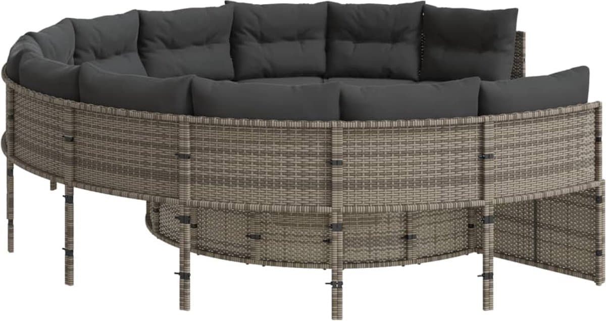 vidaXL - Tuinbank - met - tafel - en - kussens - rond - poly - rattan - grijs