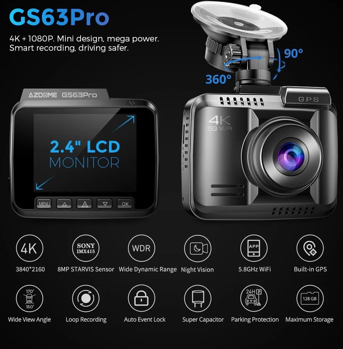 AZDome GS63H Pro 2CH dashcam voor auto - Voor en achter camera - Night vision - Loop recording - 4K resolutie - Wifi - Gps - Parkeermodus - 2.4 inch display - dashcam voor auto thumbnail 8