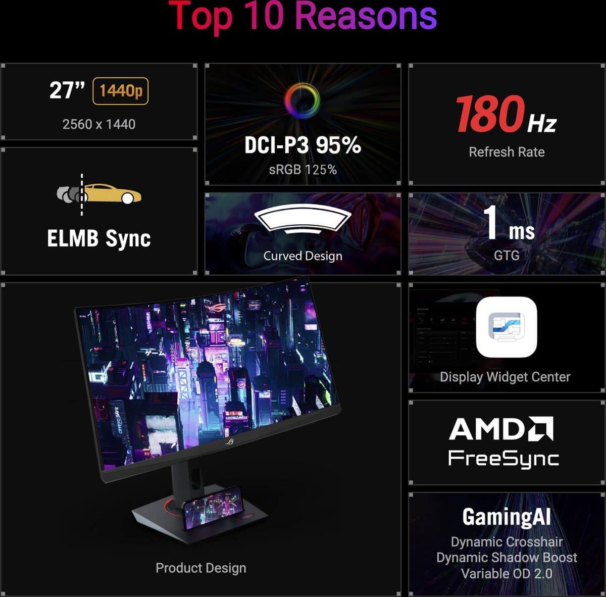 ASUS ROG Strix XG27WCS - QHD VA Curved Gaming Monitor - 180hz - USB-C 7.5W - G-S thumbnail 2