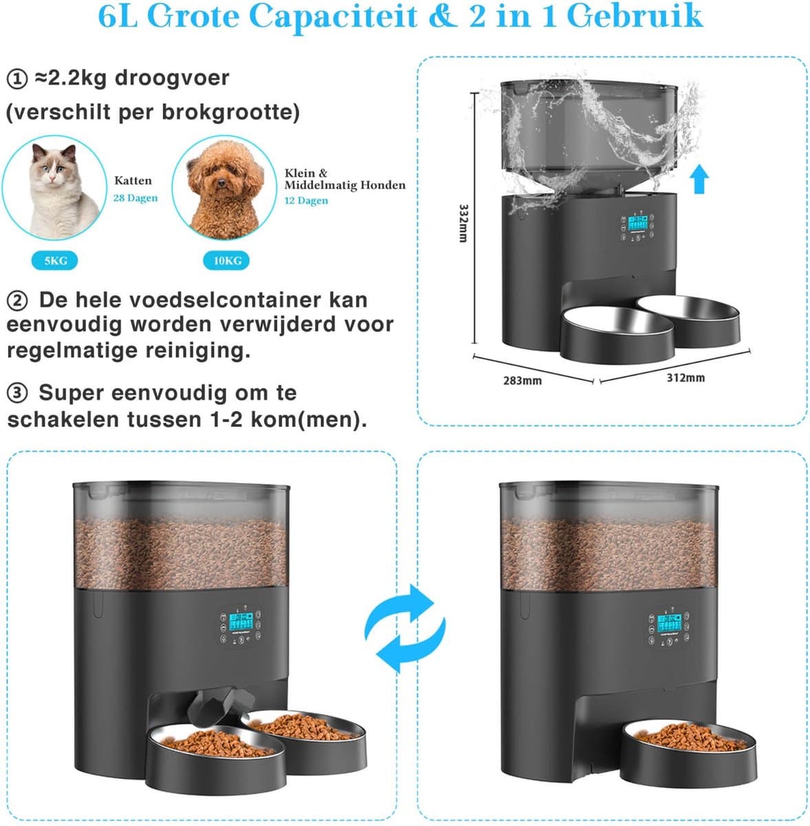 Automatische Voerbak - Kat en Hond - 2-in-1 Voerautomaat - Voerautomaat - Voice Recorder & Timer - Smart App Besturing - Voerdispenser - 6L - Zwart - Honeyguardian thumbnail 7