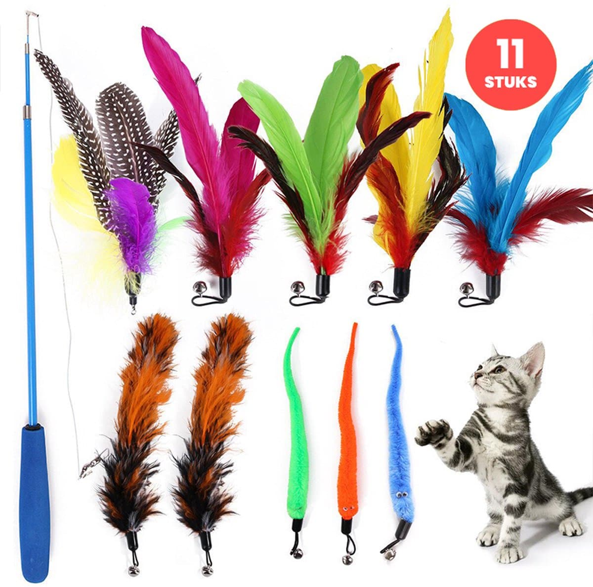 Kattenhengel met 10 opzetstukjes - Kat Speelhengel met Veren - Speelgoed Hengel voor Katten – Kittenspeeltjes met Veer – Kattenspeelgoed – Katten speeltjes thumbnail 2