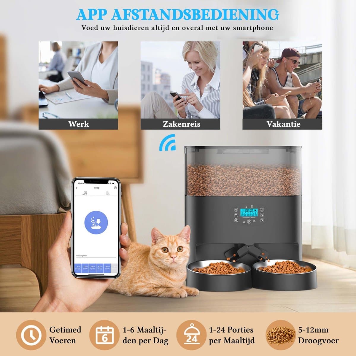 Automatische Voerbak - Kat en Hond - 2-in-1 Voerautomaat - Voerautomaat - Voice Recorder & Timer - Smart App Besturing - Voerdispenser - 6L - Zwart - Honeyguardian thumbnail 2