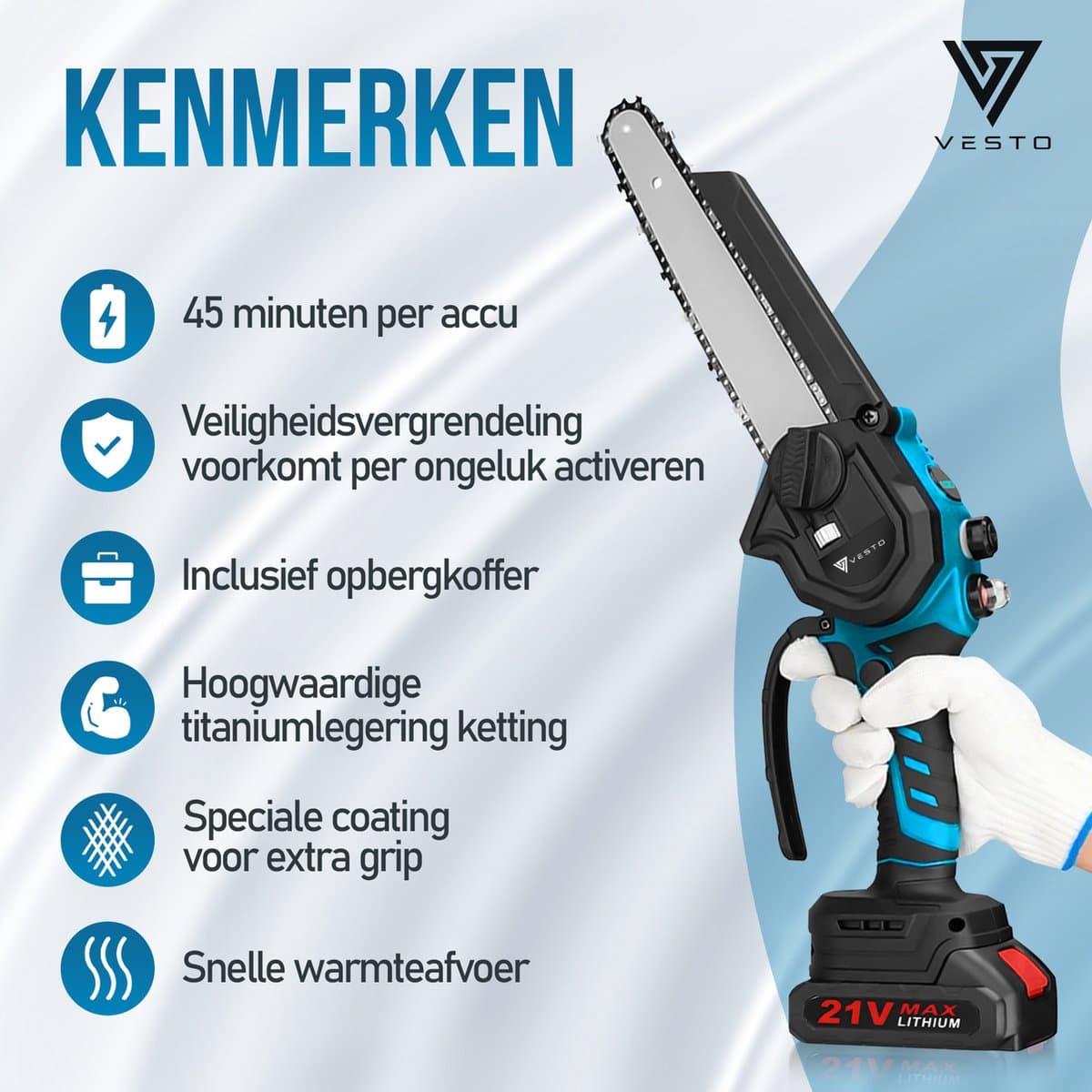 Vesto® Mini kettingzaag – Draadloos Inclusief 2 Led-Accu's – Heggenschaar Accu - Elektrisch Handkettingzaag - Snoeizaag - Takkenzaag - Handzaag - Boomzaag thumbnail 2