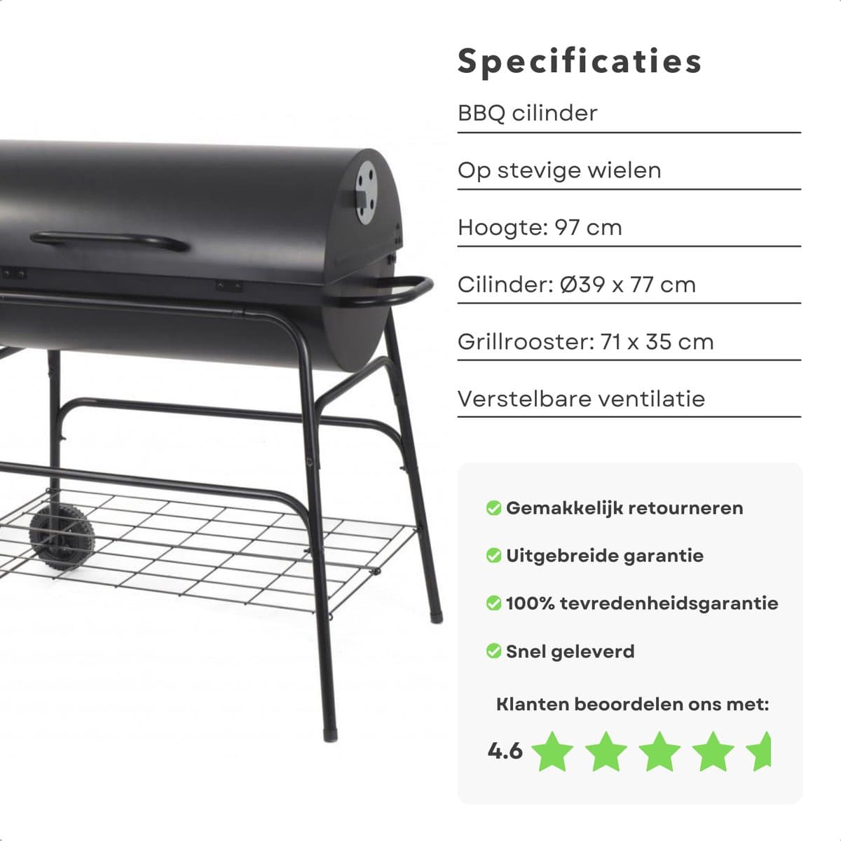 Grote Verrijdbare Cilinder BBQ op Wielen met Verstelbare Ventilatieroosters - Houtskool Barbecue - Houtskoolbarbecue - Cilinder thumbnail 4