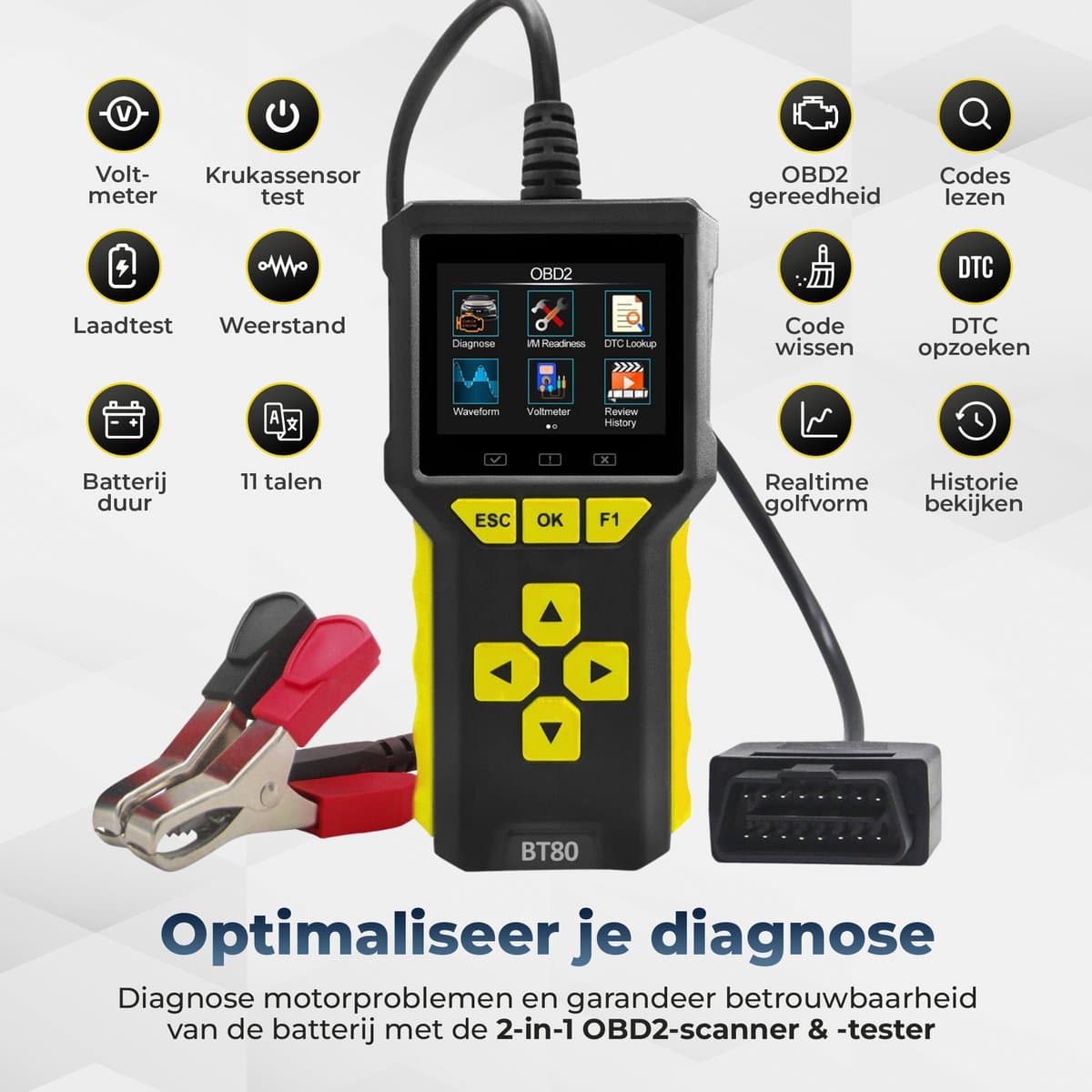 Deluxness®- OBD2 Scanner en Batterijtester – Jumpstarter voor Auto - Diagnosecomputer – Auto Uitlezen – Storing Verwijderen – Accutester 12V - Nederlandse Taal - Motorstoring - Diagnose apparatuur voor auto's thumbnail 3