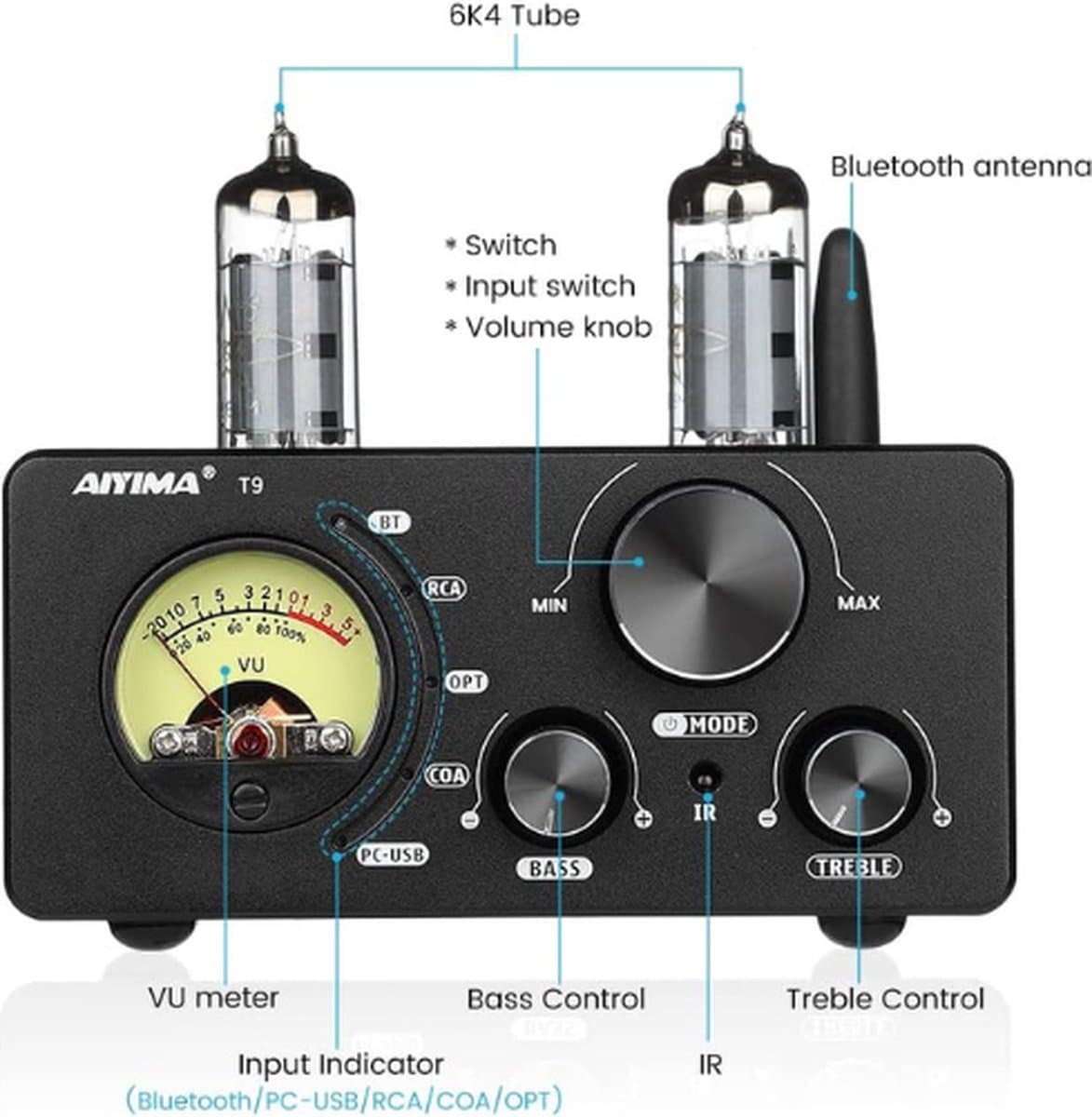 Digitale versterkers - Bluetooth 5.0 – Vacuümbuisversterker – Stereo ontvanger Amp - Coax/Opt HIFI Home Audio – USB/RCA - met VU-meter - Zwart thumbnail 6