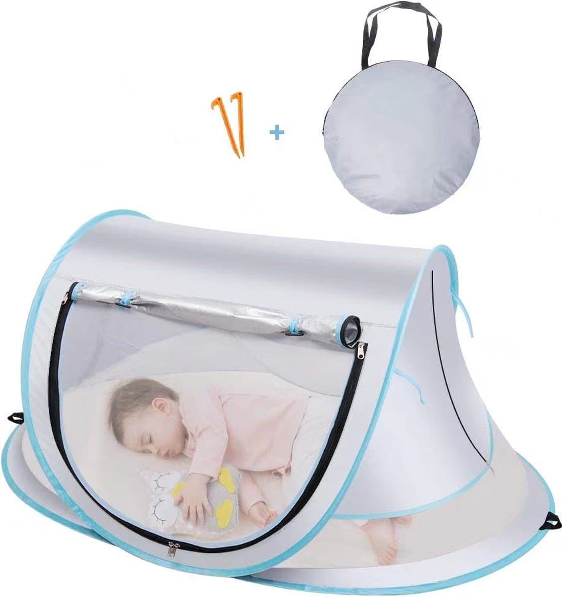 Fuegobird BabyBox Campingbedje - Baby Tentje - UV-beschermingsniveau UV50+ - Blokkeer Muggen - Opvouwbare opslag - Versterking van grondspijkers - Zilver Grijs/Blauw thumbnail 2