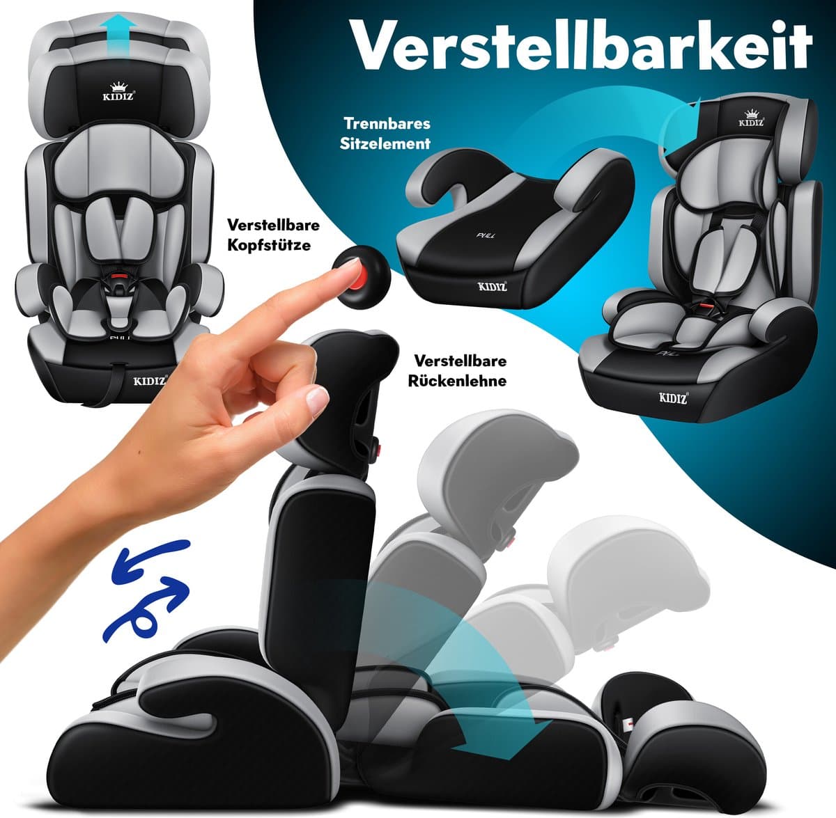 KIDIZ® kinderautostoeltje | kuip autostoeltje | 9 kg - 36 kg 1-12 jaar | groep 1/2 / 3 | universeel | goedgekeurd volgens ECE R44/04 | 6 verschillende kleuren | - Grijs thumbnail 4