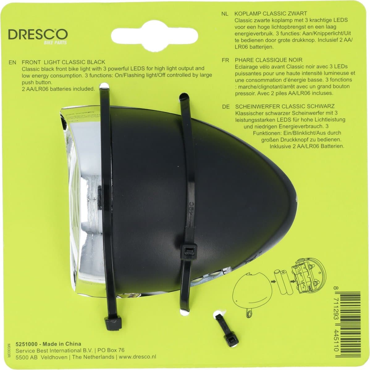Dresco Koplamp Fiets Classic Zwart - Fietsverlichting - Classic - 3 LEDs - Zwart thumbnail 6