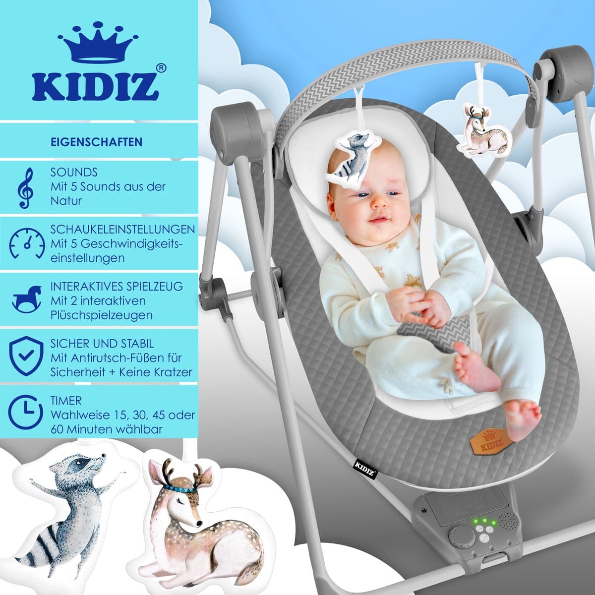 KIDIZ® Wipstoel Baby Elektrisch Babyschommel tot max 9kg - Schommelstoel voor Baby Swing met Speelboog en 5 schommelsnelheden - Antraciet thumbnail 2