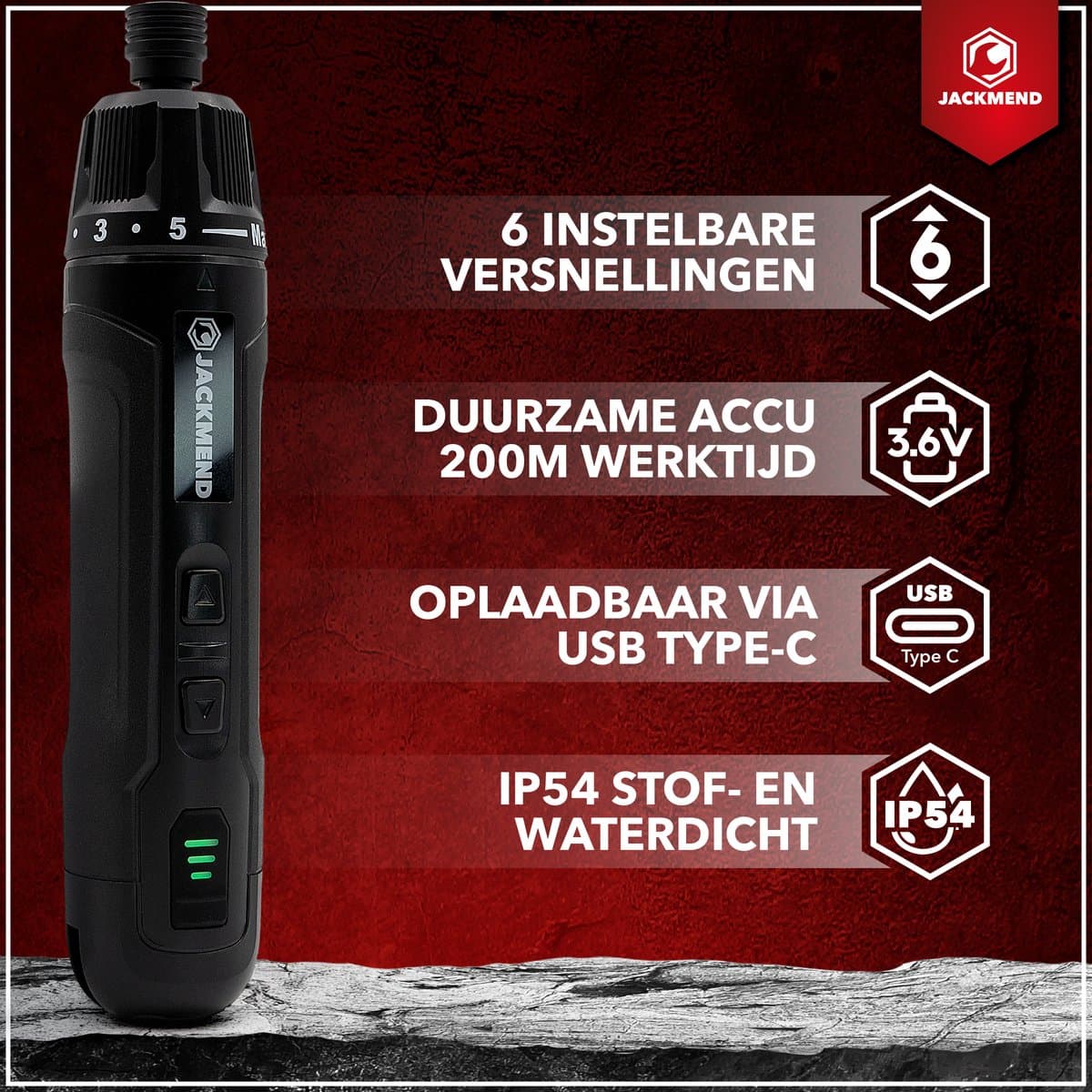 JACKMEND Accu Schroefmachine Inclusief 13-Delige Bit Set en 3.6V Lithium-Ion-Accu - Elektrische Schroevendraaier - USB-C Oplaadbaar Boormachine - 360RPM Motor - Zwart thumbnail 3