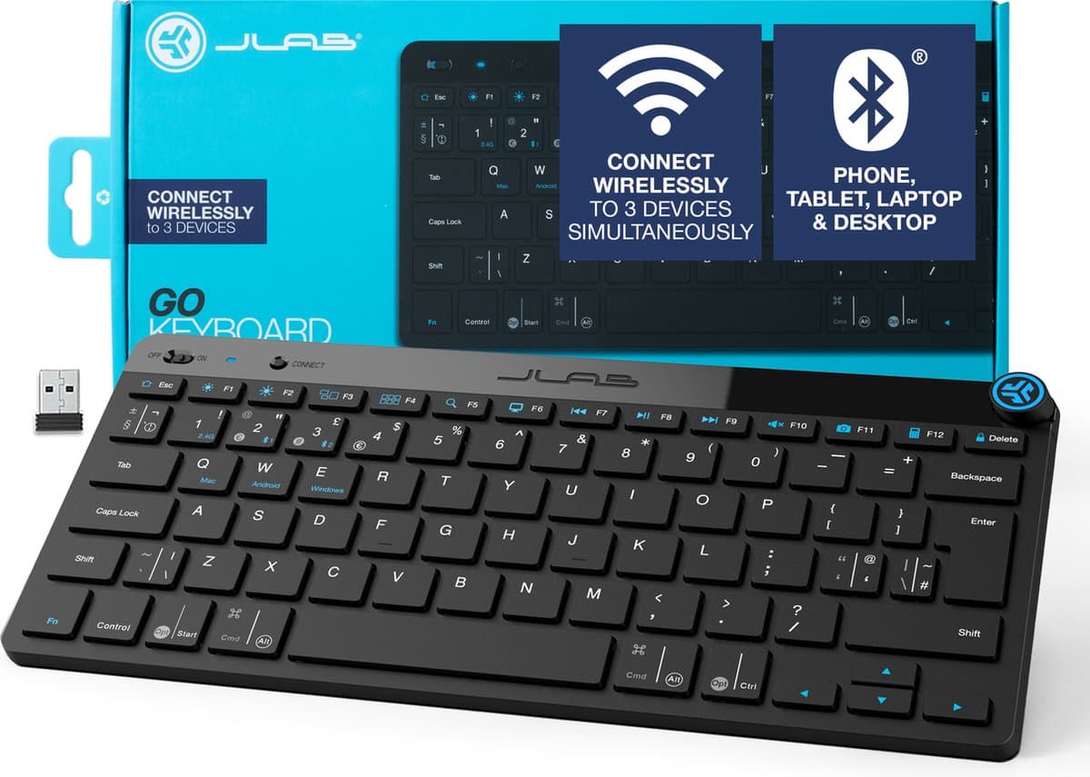 JLab GO Draadloos Toetsenbord - Bluetooth of USB dongle verbinding - 3 Devices - Stille toetsen - Compact design - Volumeknop - Qwerty thumbnail 7