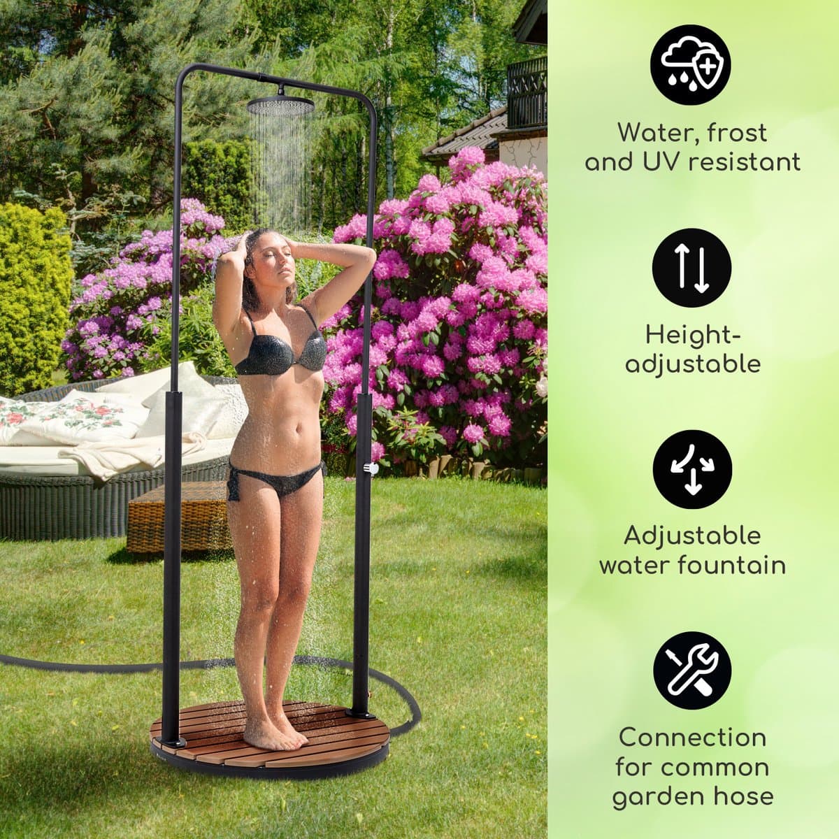 Blumfeldt Mobiele Tuindouche, Buitendouche voor Tuin, Bodemdouche met Verstelbare Douchekop, Tuindouche met Houtlook voor Zwembad & Sauna, Waterdicht, Vorst- en UV-bestendig thumbnail 2
