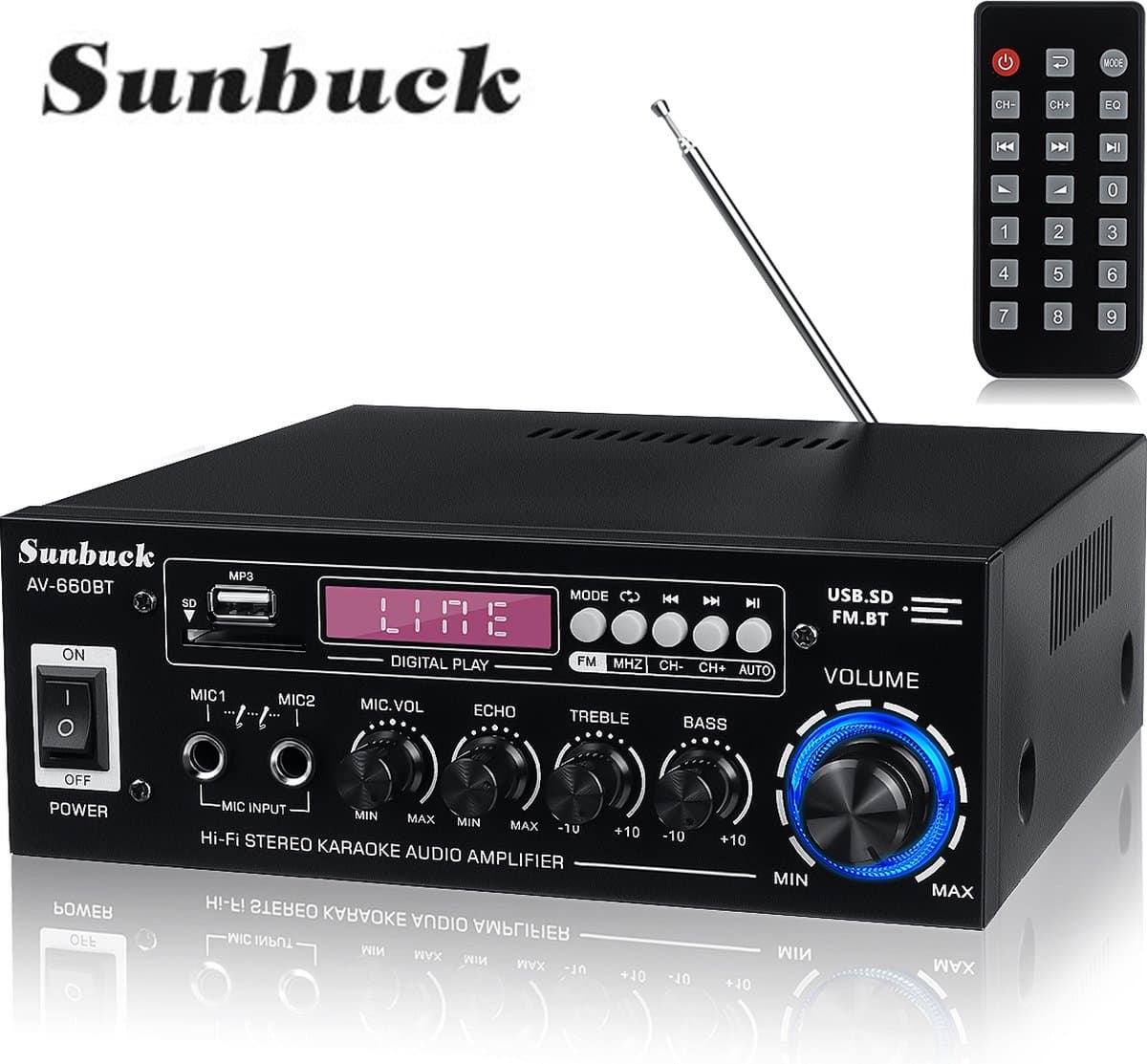 HiFi Versterker - Amplifier - SD/MP3/USB - Hifi Bluetooth Eindversterker - 2x Mic - AUX1 en AUX2 - CD/DVD - Speaker system - Incl. Afstandsbediening - 200 x 70 x 190mm - Zwart