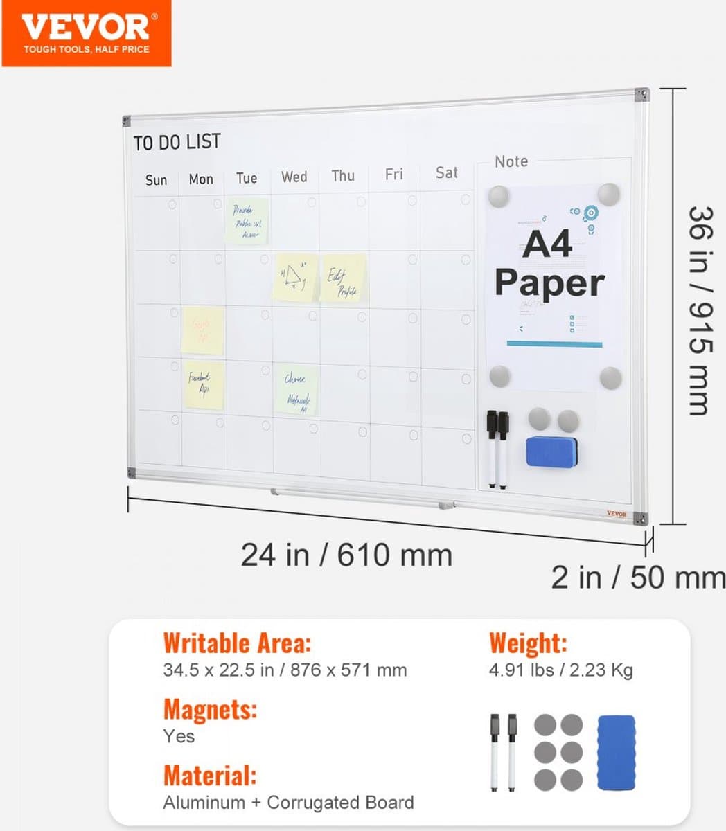 Magnetisch Kalender Whiteboard 915 X 610mm , Droog Uitwisbaar Maandplanner Whiteboard Met Verplaatsbare Lade, Incl, 1 Magnetische Gum En 2 Droog Uitwisbare Markers, Ideaal Voor Gebruik Op Muren In Restaurants, Kantoren, Thuis Of Op School thumbnail 8