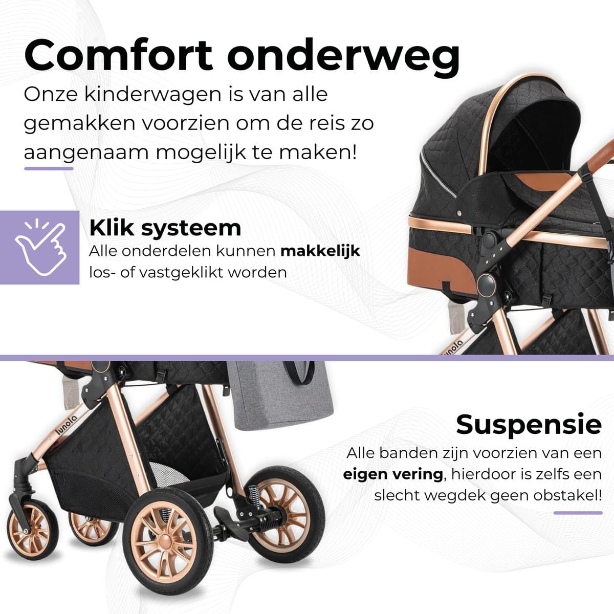 Lunola Nova - Kinderwagen 3-in-1 - incl. autostoel - 0-20kg - XXL - Multifunctionele Buggy 3in1 - Inclusief onderhoudskit - Zwart thumbnail 4
