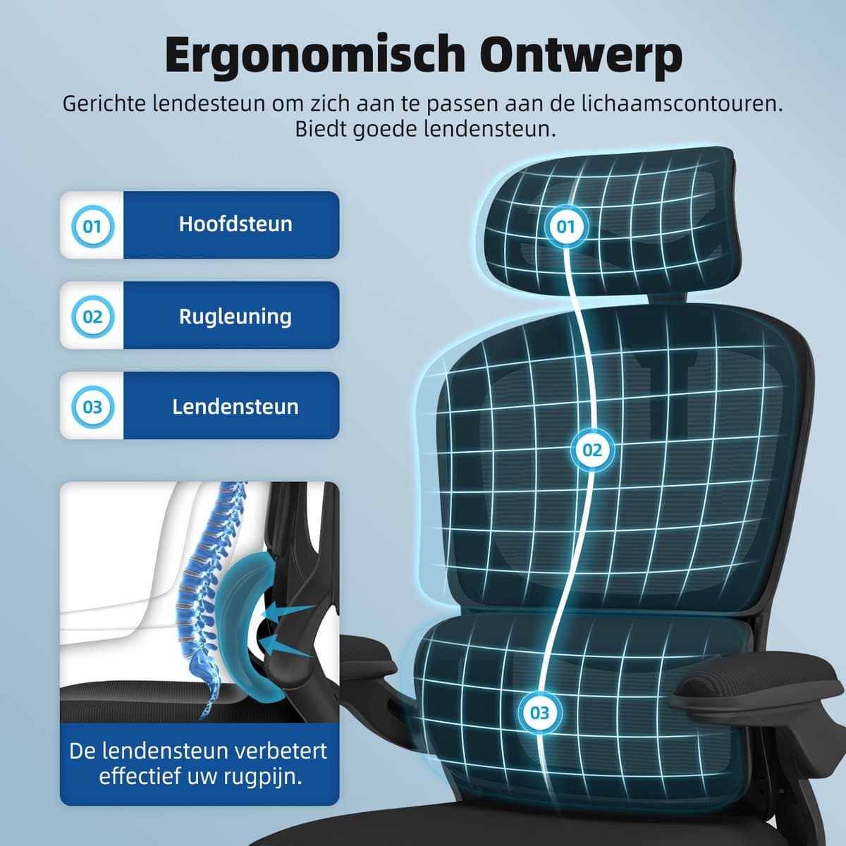 Elekiatech Ergonomische Bureaustoel - Bureaustoel met Opklapbare Armleuningen - Bureaustoelen voor Volwassenen - 150 Kg - Zwart thumbnail 2
