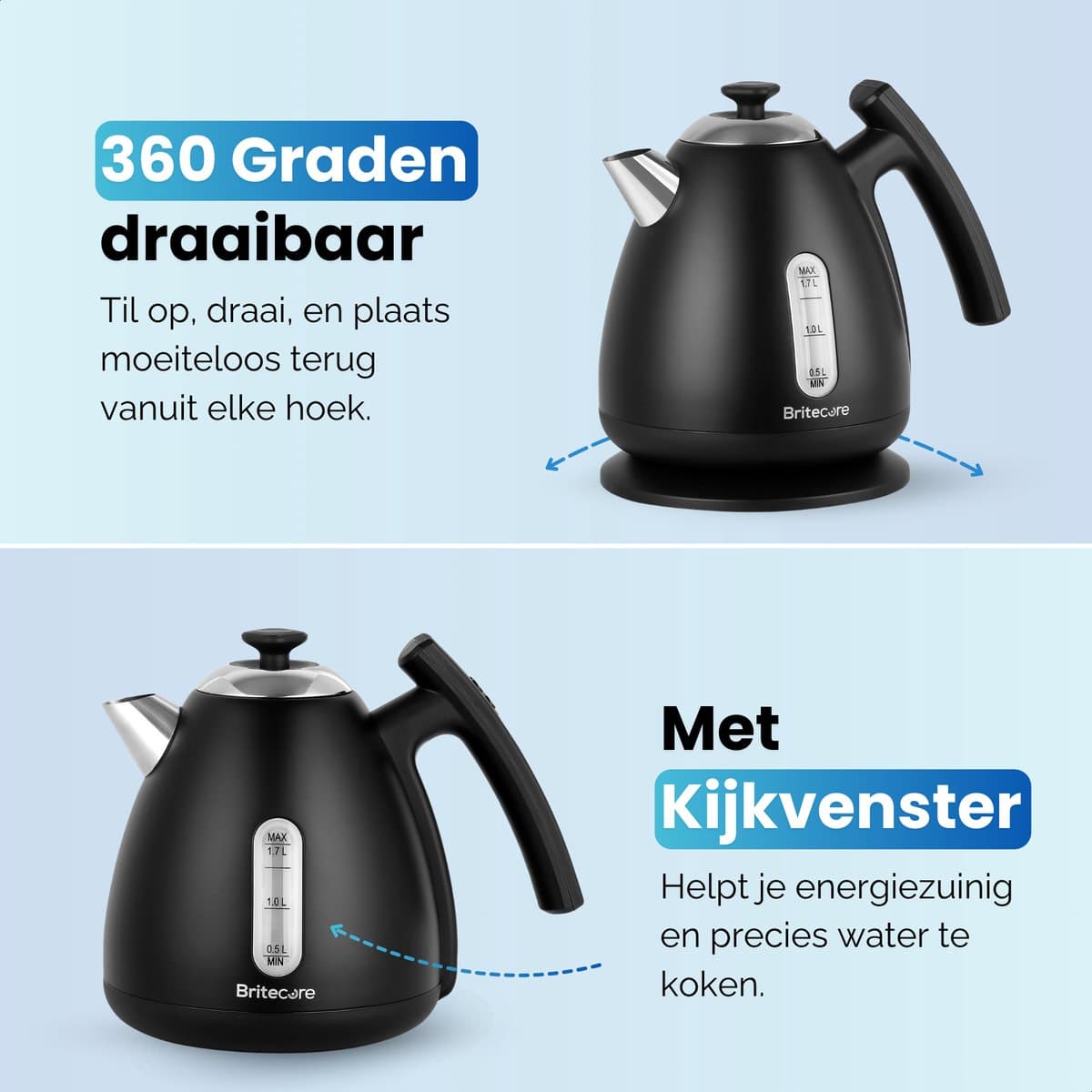 Waterkoker met Temperatuurregeling - Warmhoudfunctie - RVS - 1.7L - 40 tot 100°C - 2200W - Retro design - Zwart - Britecore thumbnail 3