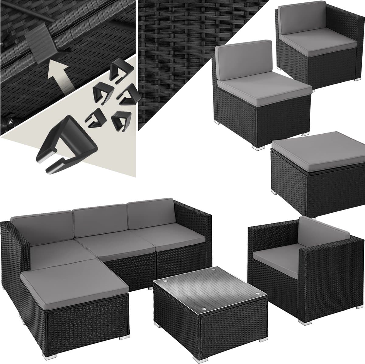tectake® Wicker lounge - Tuinmeubelset voor buiten met bank, fauteuil, kruk en tafel - Variabel combineerbaar - Weerbestendig meubilair - Voor 4-5 personen - Balkonmeubilair - Tuinlounge - Terrasmeubilair - Zwart - afbeelding 1