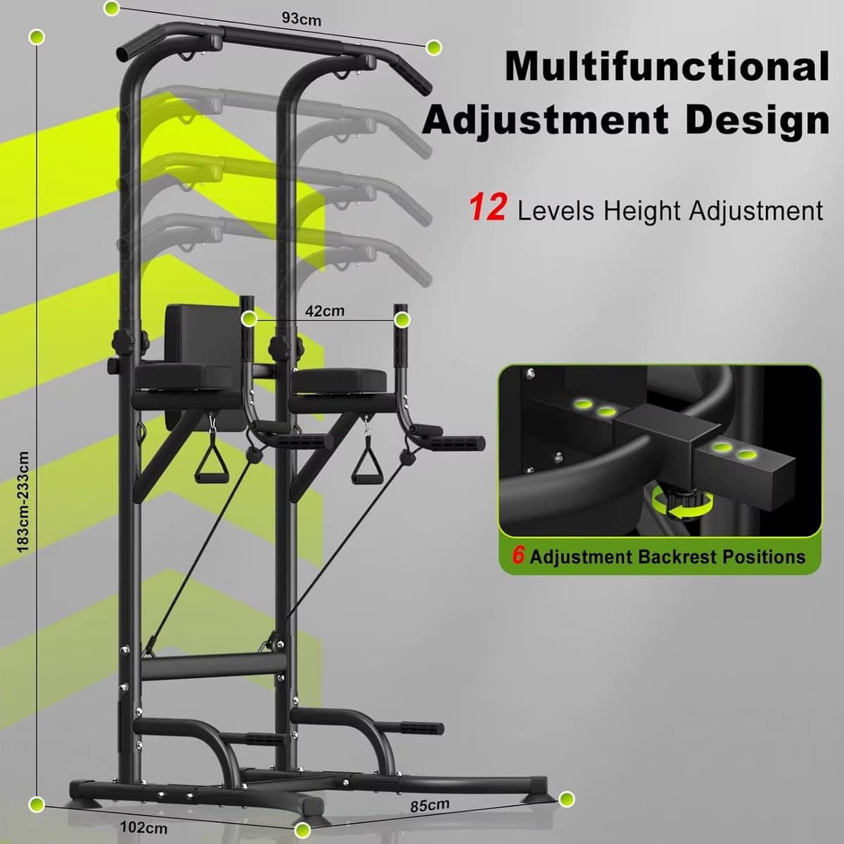AtlasStrength Pull up Station - Verstelbare hoogte - Met Weerstandsbanden - Train diverse spiergroepen thuis met een krachtstation - Power tower - Pull up rack - Pull up bar - Zwart thumbnail 5