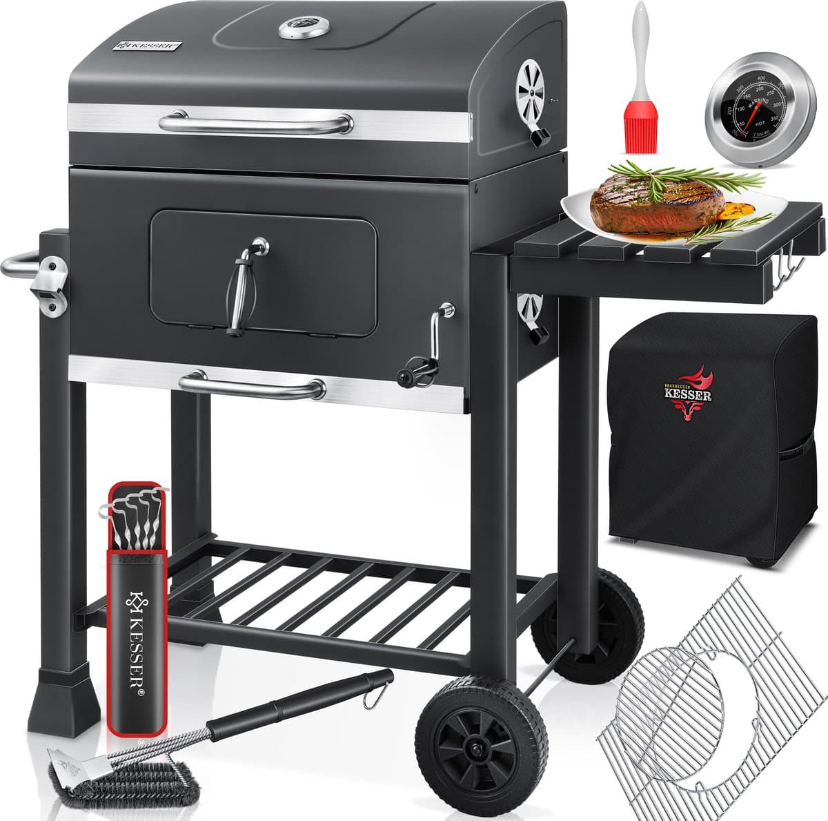 KESSER® Houtskoolbarbecue XL Barbeque Houtskool met Deksel, Wielen, Afdekkap, Roestvrij Stalen Handvat, Barbecuerooster en Thermometer, 8 Spiesen met Zakje & siliconen Borstel, grote BBQ Camping Terras Tuin