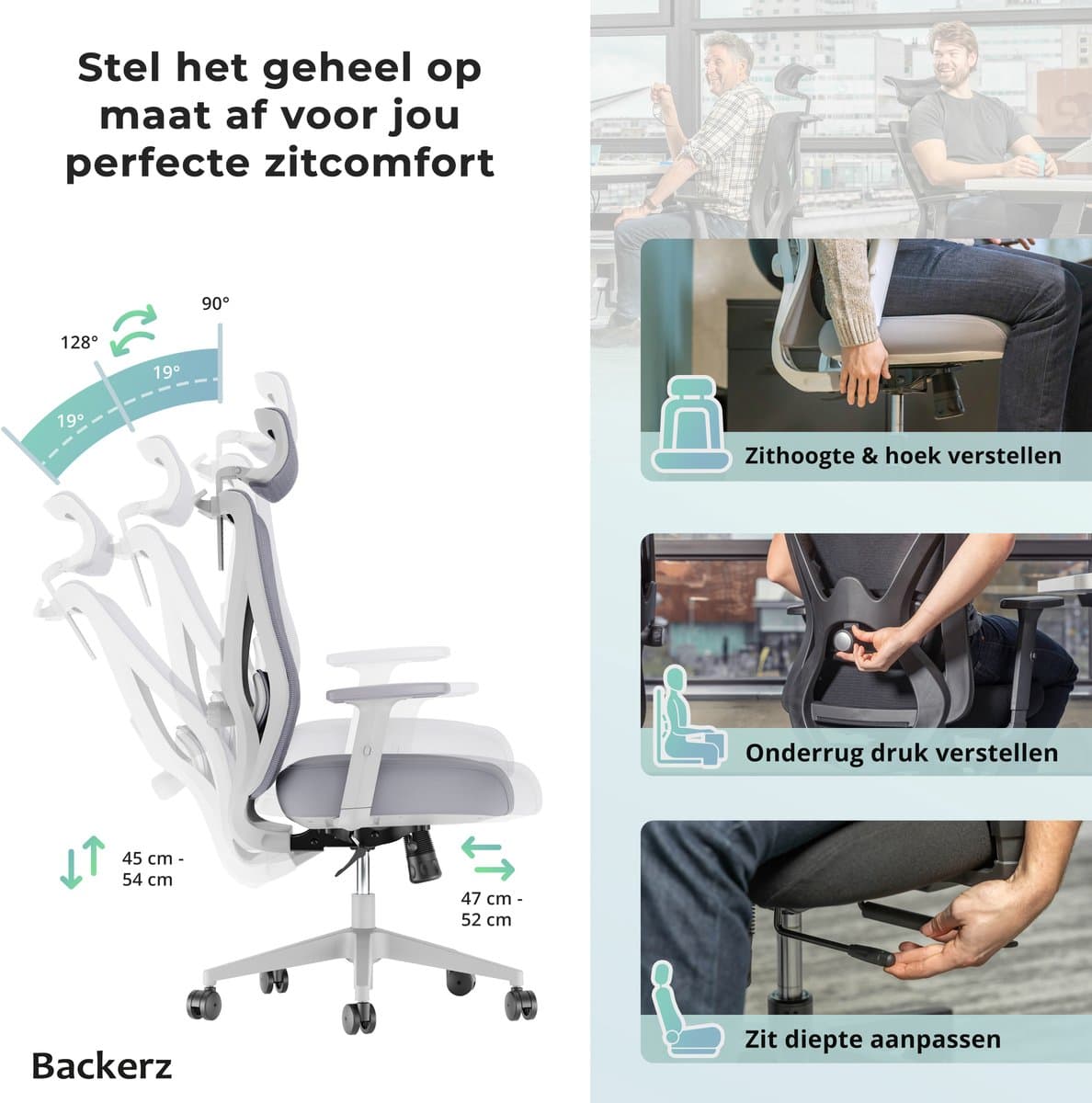 Backerz Mesh Ergonomische Bureaustoel Wit - Bureaustoelen voor Volwassenen tot 150kg - Office Chair - Gamestoel - NEN-EN1335 Gecertificeerd thumbnail 3