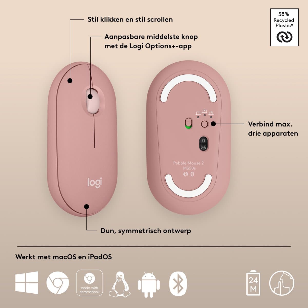 Logitech Pebble 2 M350s - Draadloze Muis - Bluetooth - 4000 dpi - Rose thumbnail 7