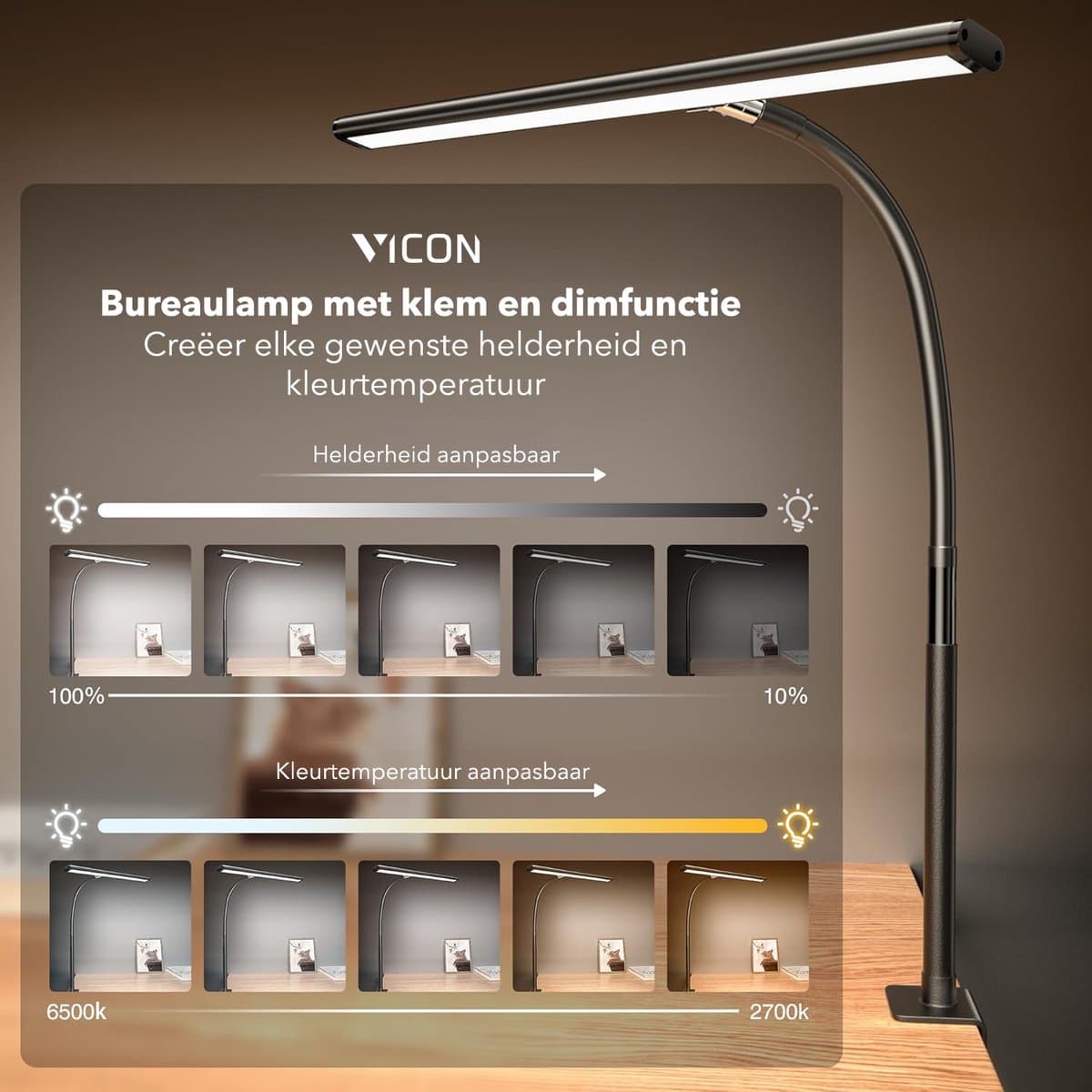 Vicon Bureaulamp LED Dimbaar - 3 Kleuren licht - Met Klem - Monitor lamp - Klemlamp - Leeslamp - Tafellamp - Bedlamp - Hobbylamp thumbnail 2