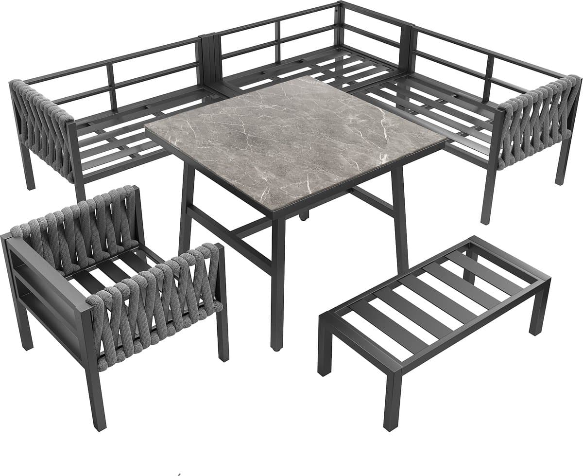 Tuinset met verzinkt ijzeren frame, grijze touw loungeset, verstelbare poten, glazen tafelblad, inclusief kussens thumbnail 3