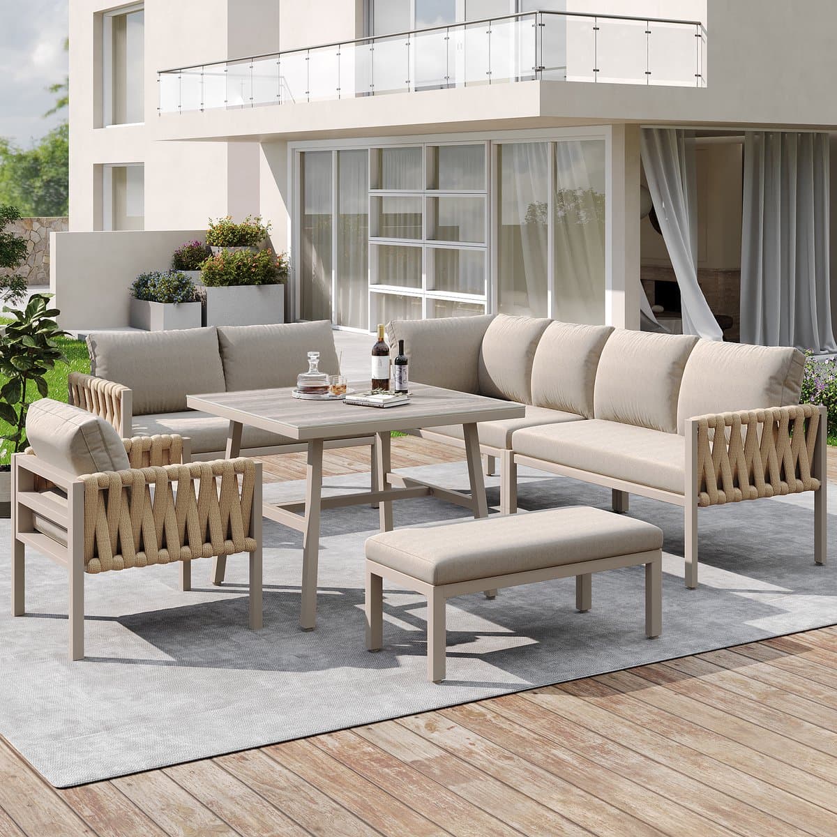 Tuinset met verzinkt ijzeren frame, beige touw loungeset, verstelbare poten, glazen tafelblad, inclusief kussens thumbnail 8