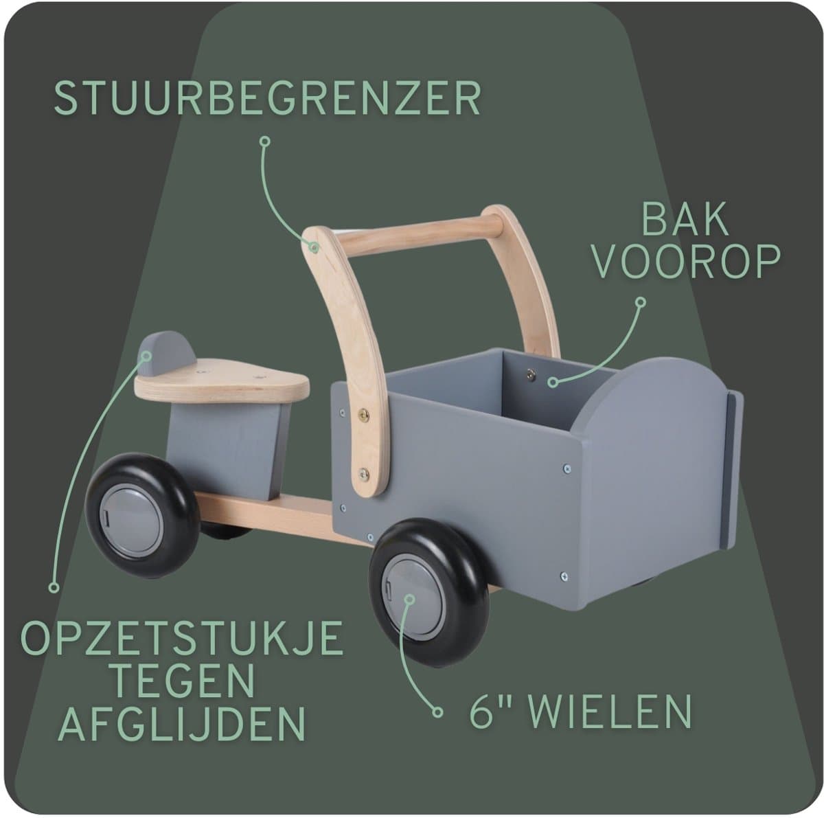 Bandits & Angels Bakfiets Loopfiets Hout Little Rider Grey vanaf 1 jaar - Voor Jongens en Meisjes - Ride-On Houten Bakfiets - Houten Loop Fiets Grijs - Geluidsarme Wielen - Kraamcadeau thumbnail 8